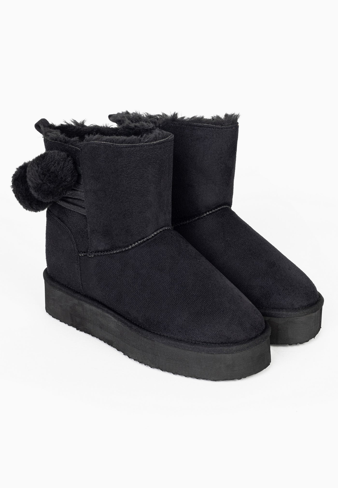 Paire de bottines fourrées Winnipeg noires de trois-quarts, pompons sur le côté
