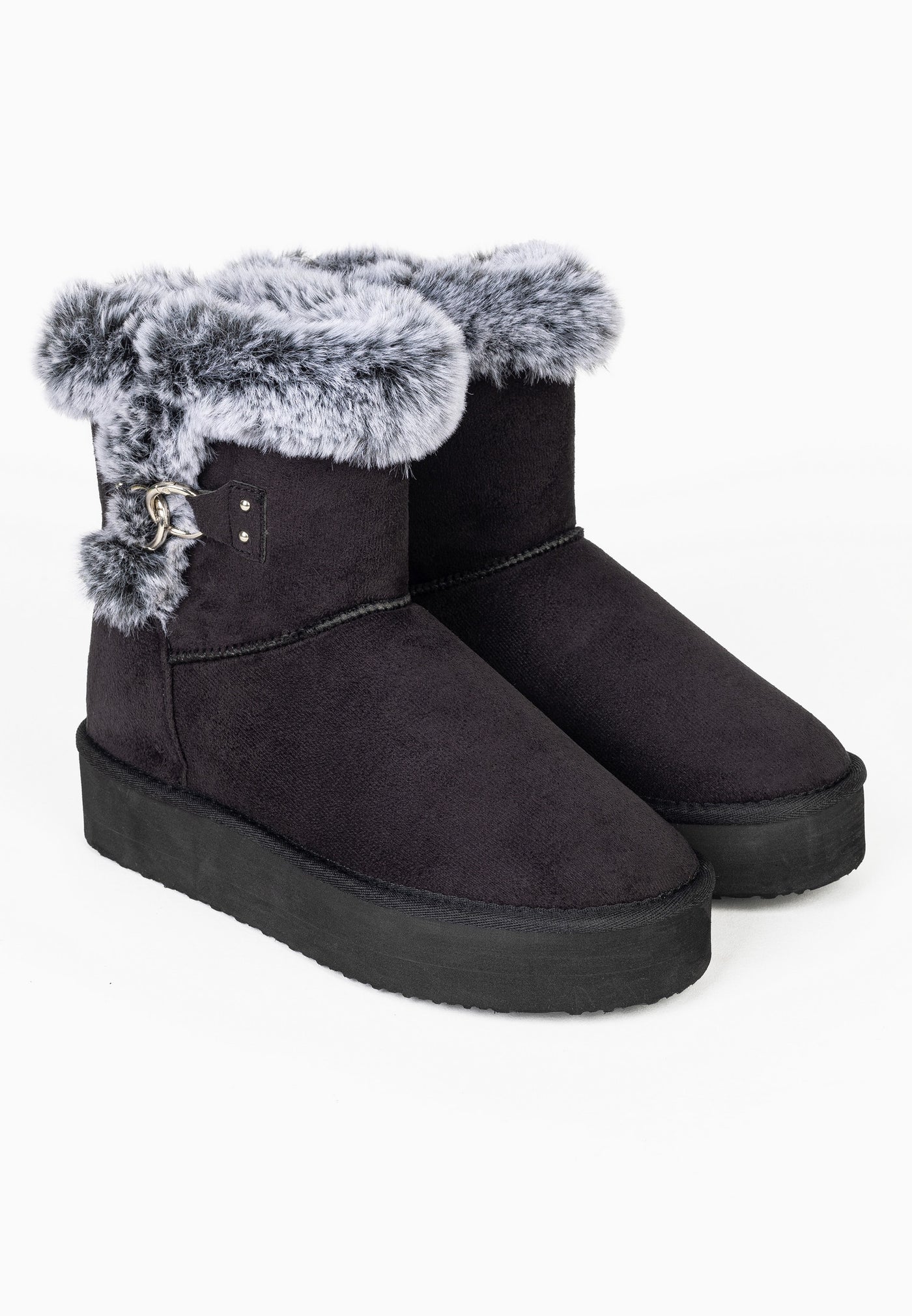 Paire de bottines fourrées Reindeer noires de trois-quarts, larges revers marbrés
