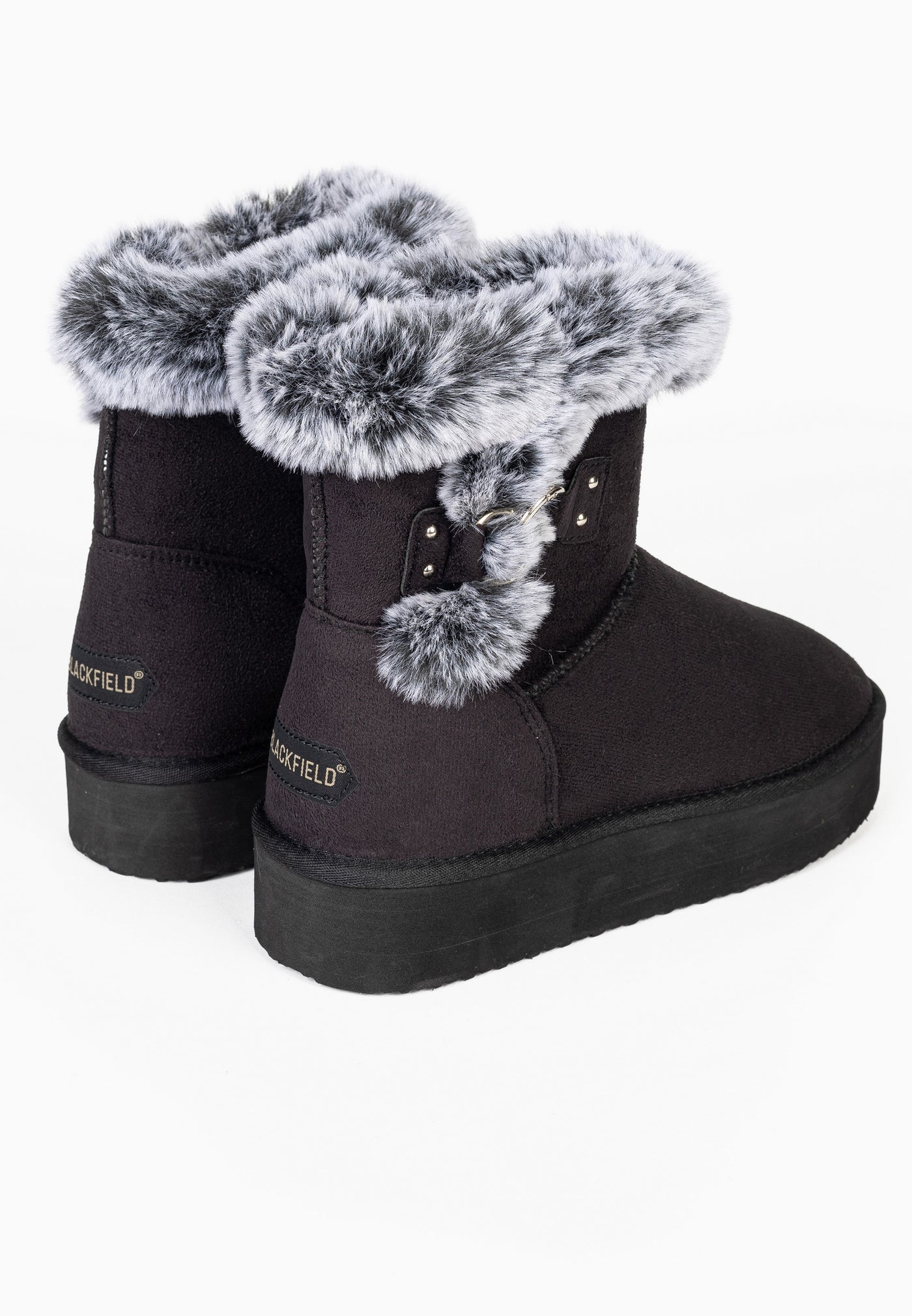 Paire de bottines fourrées Reindeer noires de dos, lettres dorées sur les talons