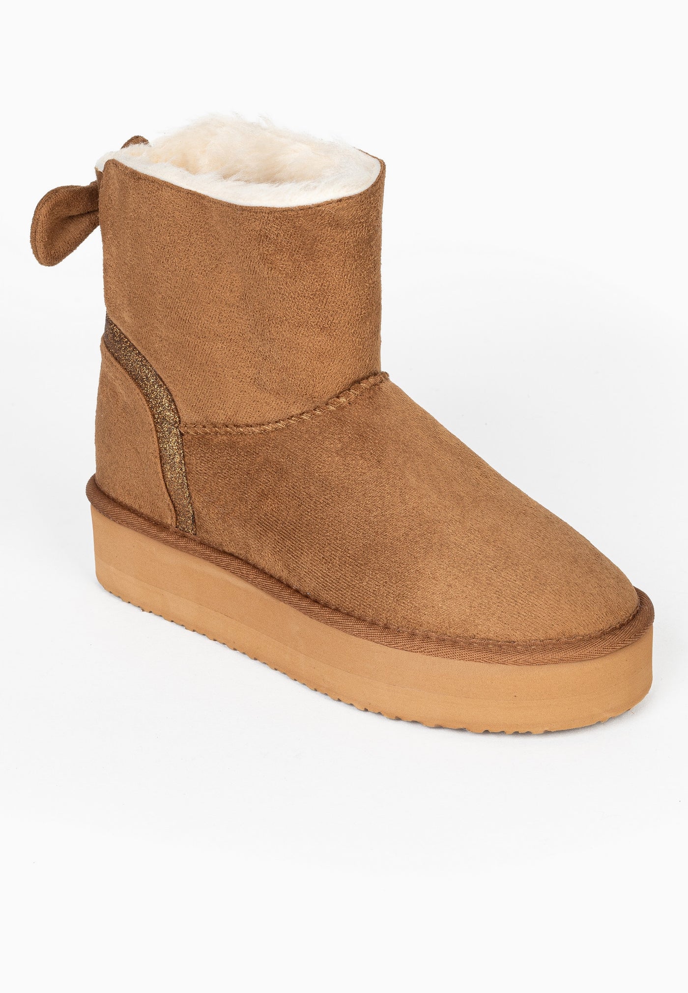 Bottine fourrée Champlain camel de profil, liseré pailleté doré courbé sur le quartier