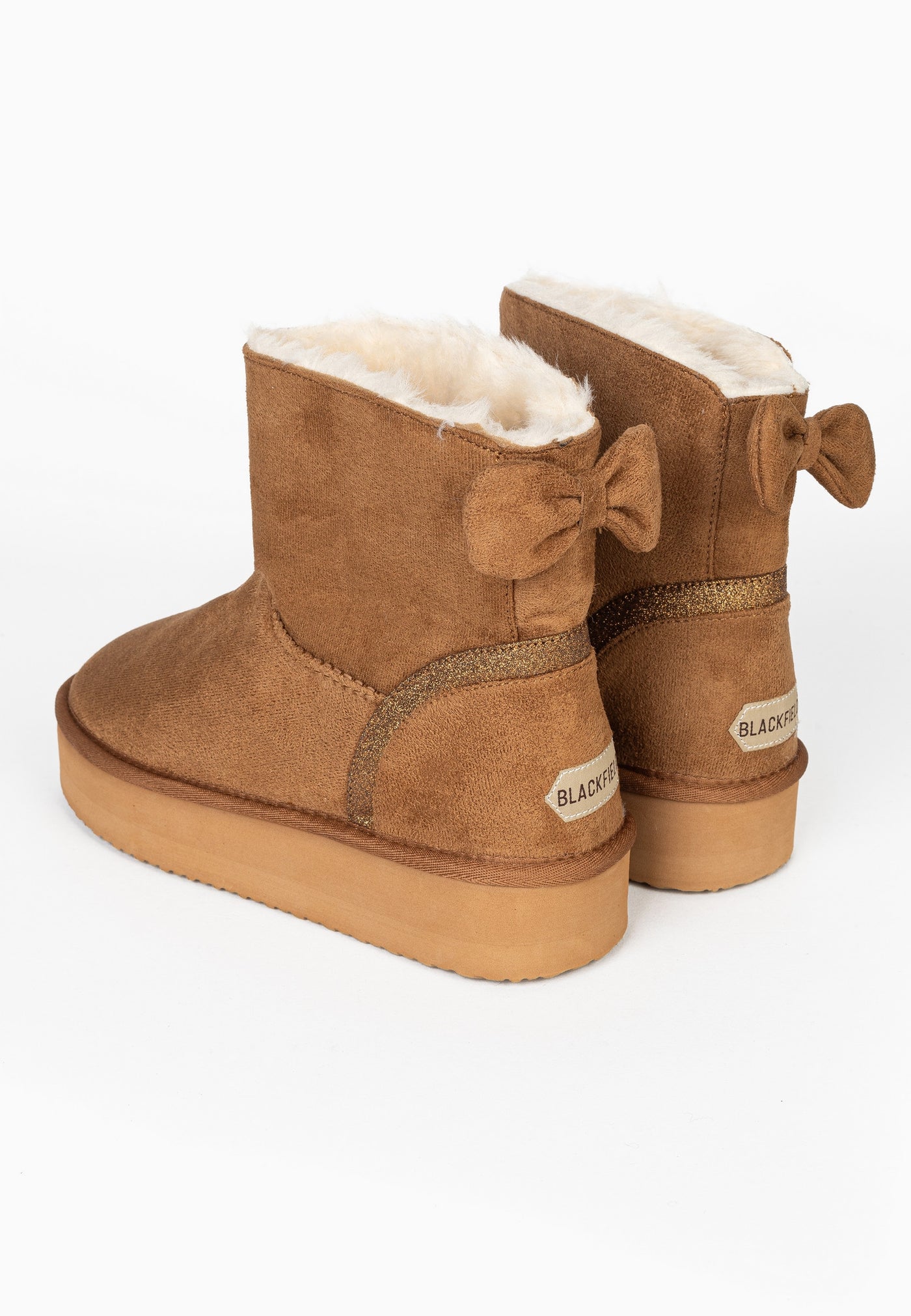 Paire de bottines fourrées Champlain camel vue de dos, liserés dorés vers la semelle