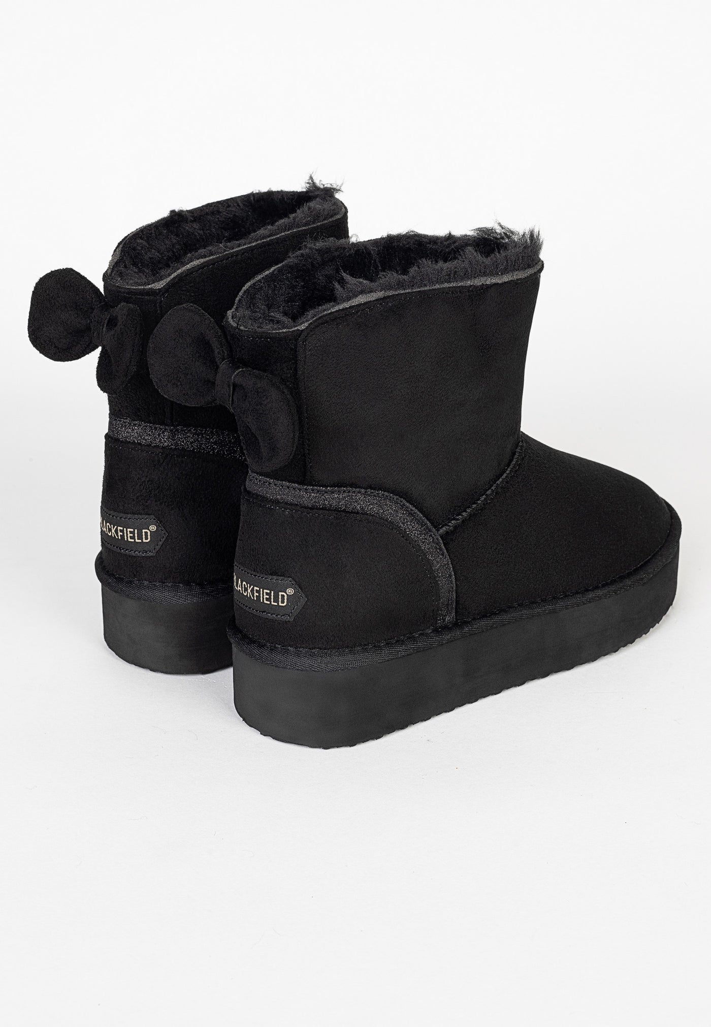Paire de bottines fourrées Champlain noires de trois-quarts arrière, nœuds et étiquettes
