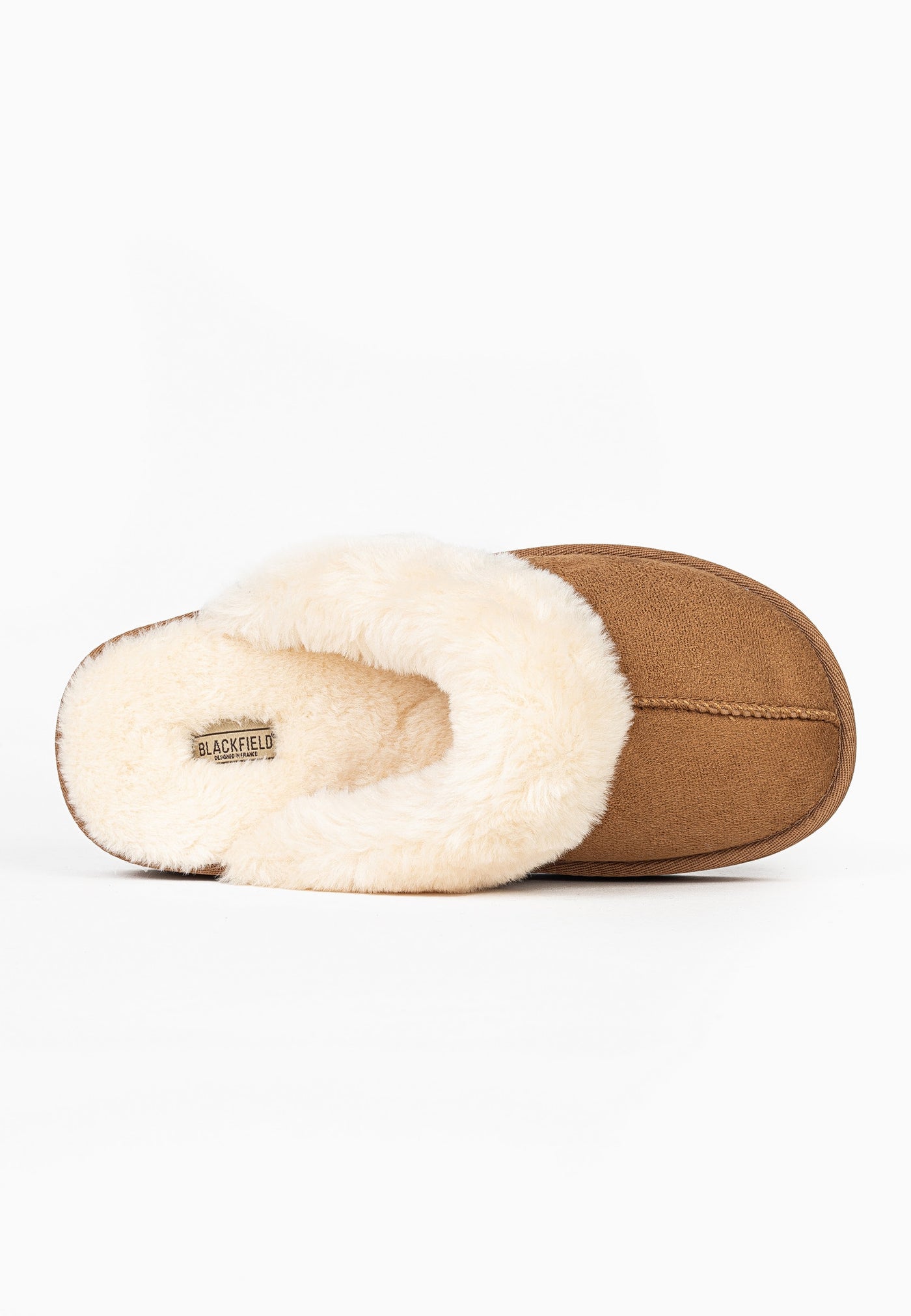 Intérieur du chausson fourré camel Sleepers Emilija vu de dessus, étiquette Blackfield