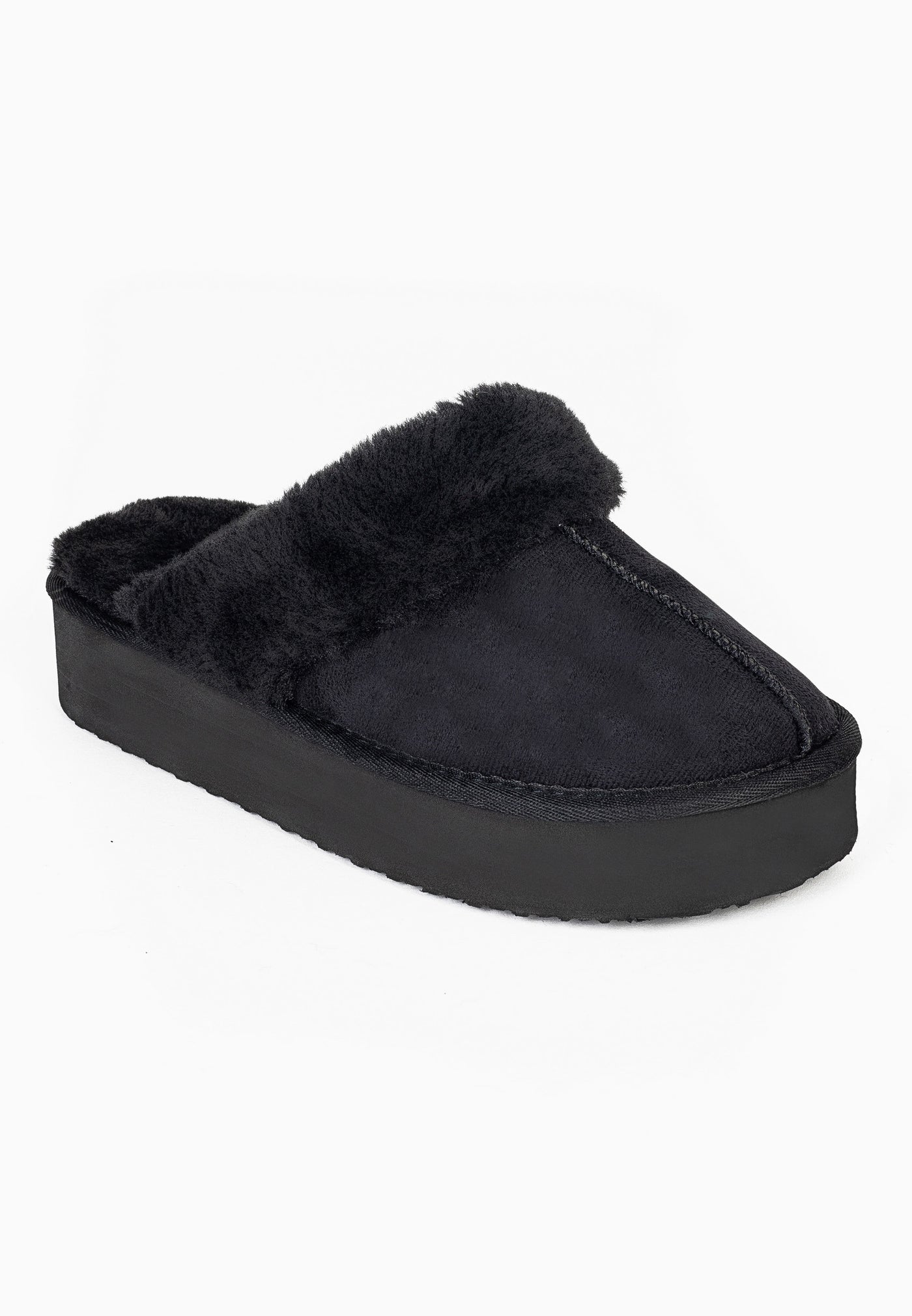 Un chausson fourré noir Sleepers Emilija de trois-quarts, plateforme haute et col fourni