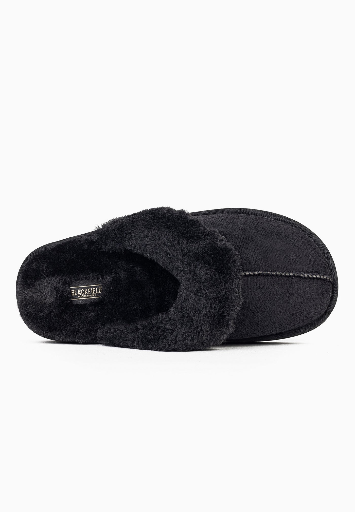 Intérieur du chausson fourré noir Sleepers Emilija vu de dessus, étiquette Blackfield