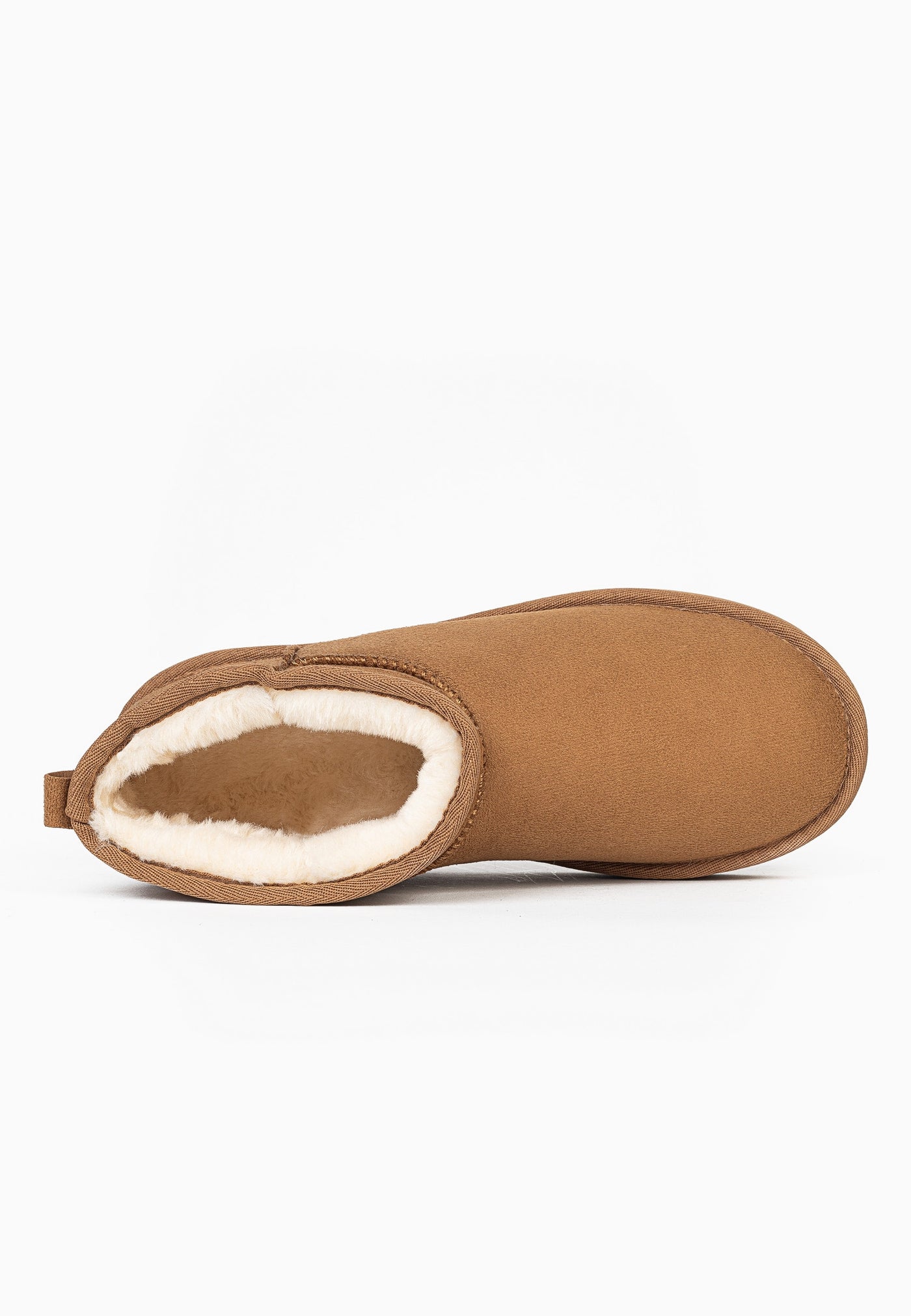 Bottine fourrée Milli camel couchée, ouverture et doublure crème vues de dessus