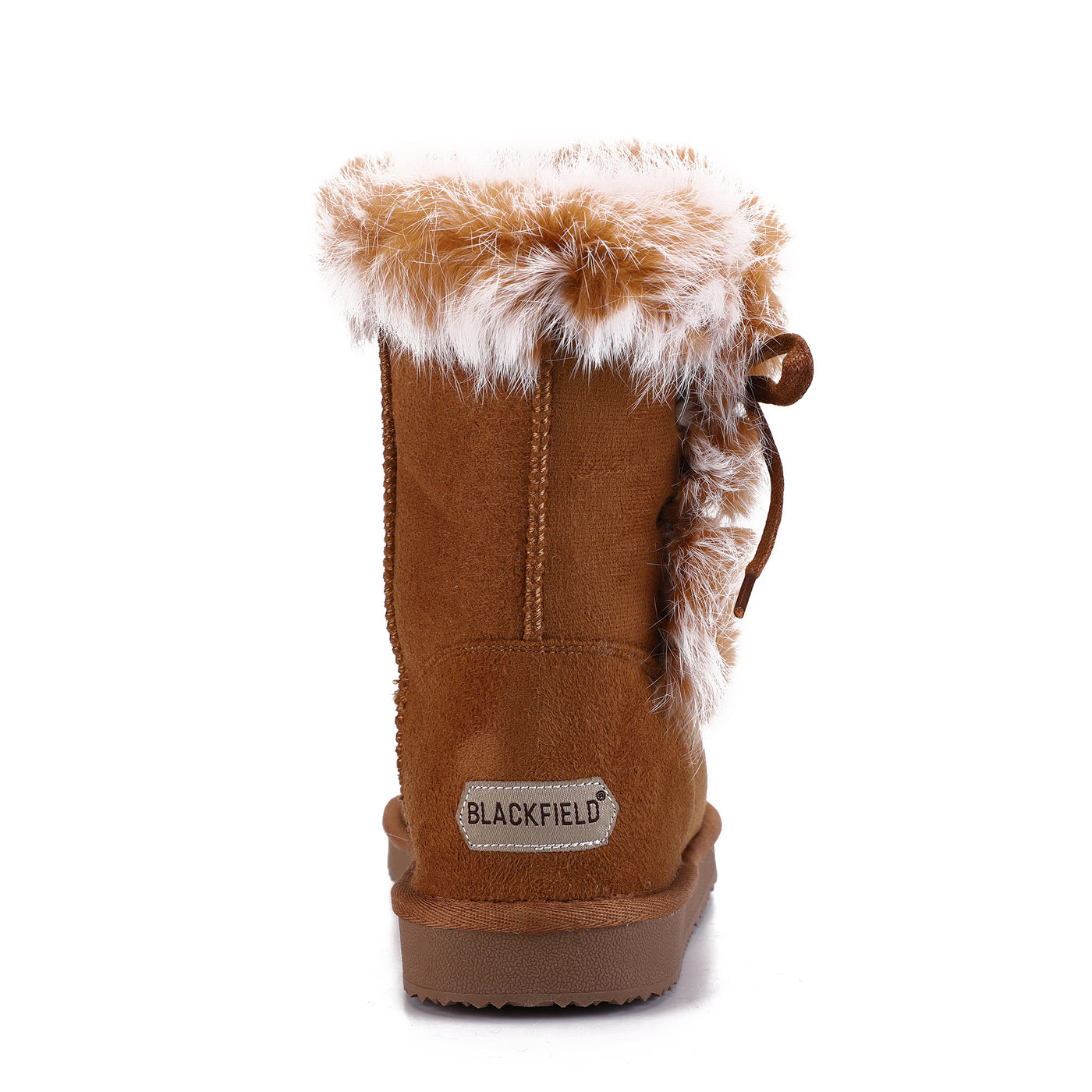 Bottine fourrée Coma camel vue de dos, étiquette Blackfield beige cousue au talon
