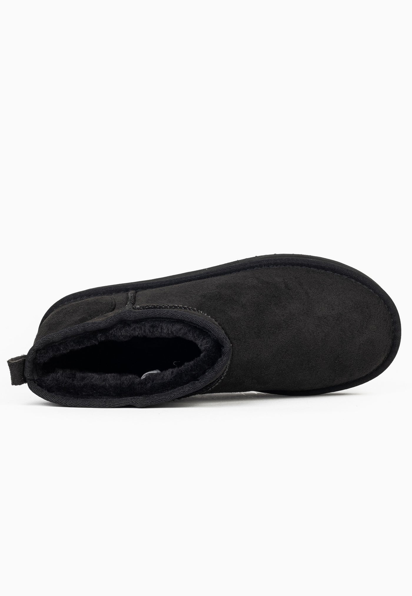 Bottine fourrée Milli noire couchée, ouverture et doublure sombre vues de dessus
