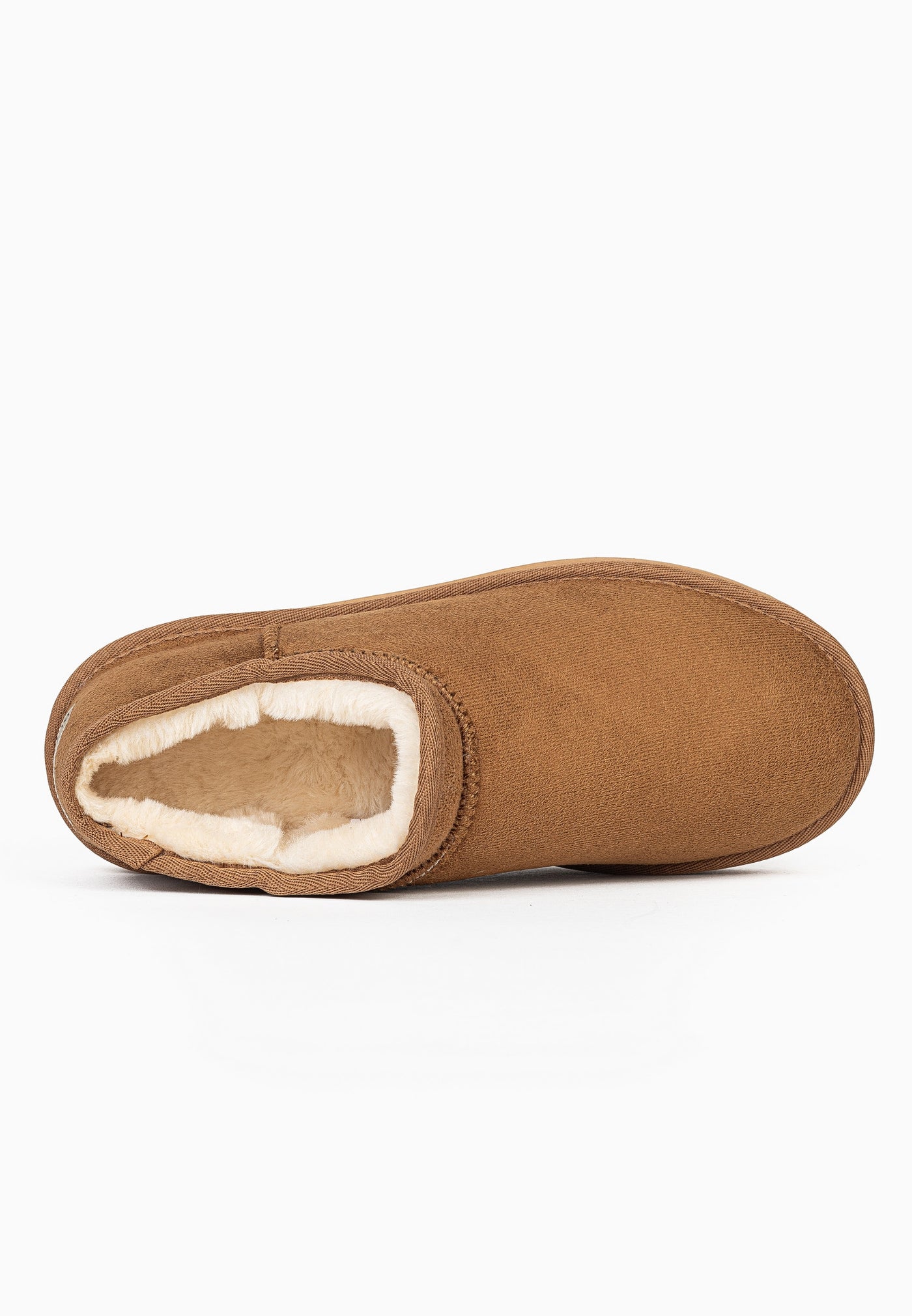 Bottine fourrée Fiaza camel couchée, vue de dessus sur la doublure crème