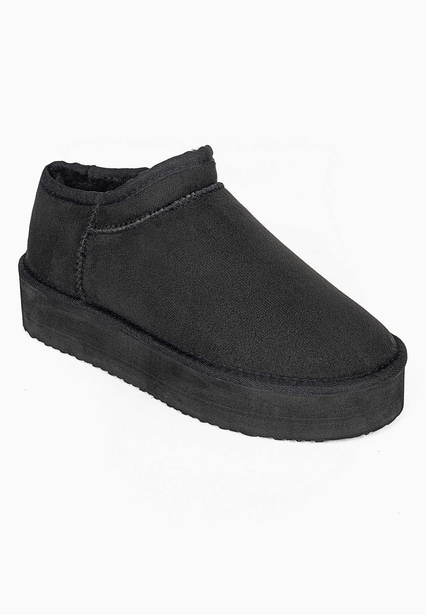 Bottine fourrée Fiaza noire de trois-quarts avant, col bas et couture latérale