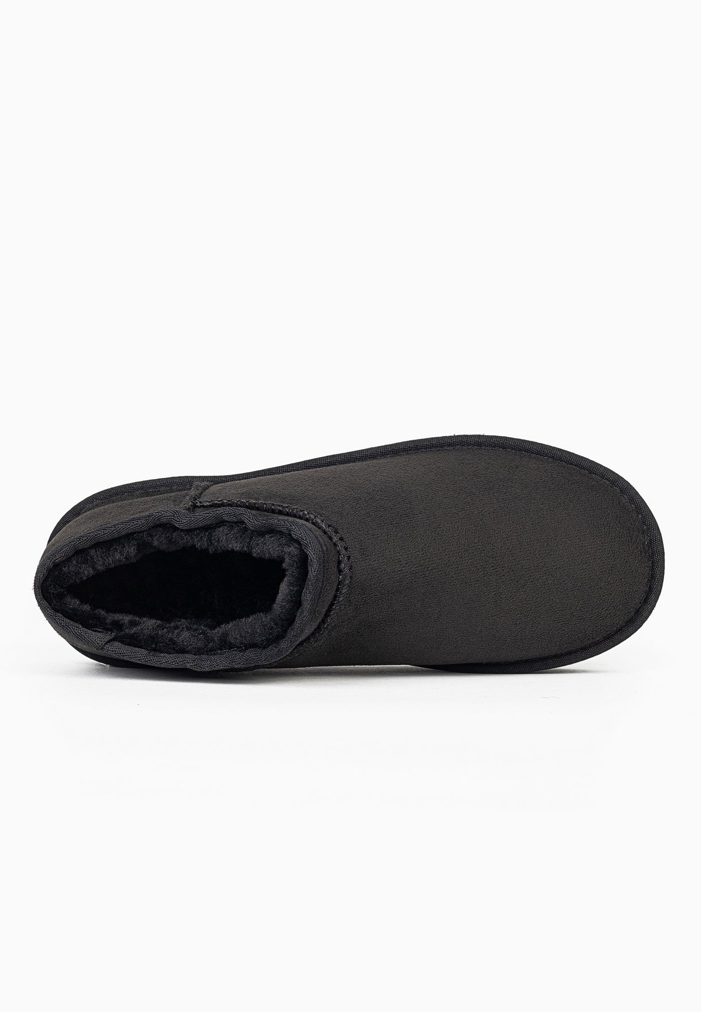 Bottine fourrée Fiaza noire couchée, vue de dessus sur la doublure sombre