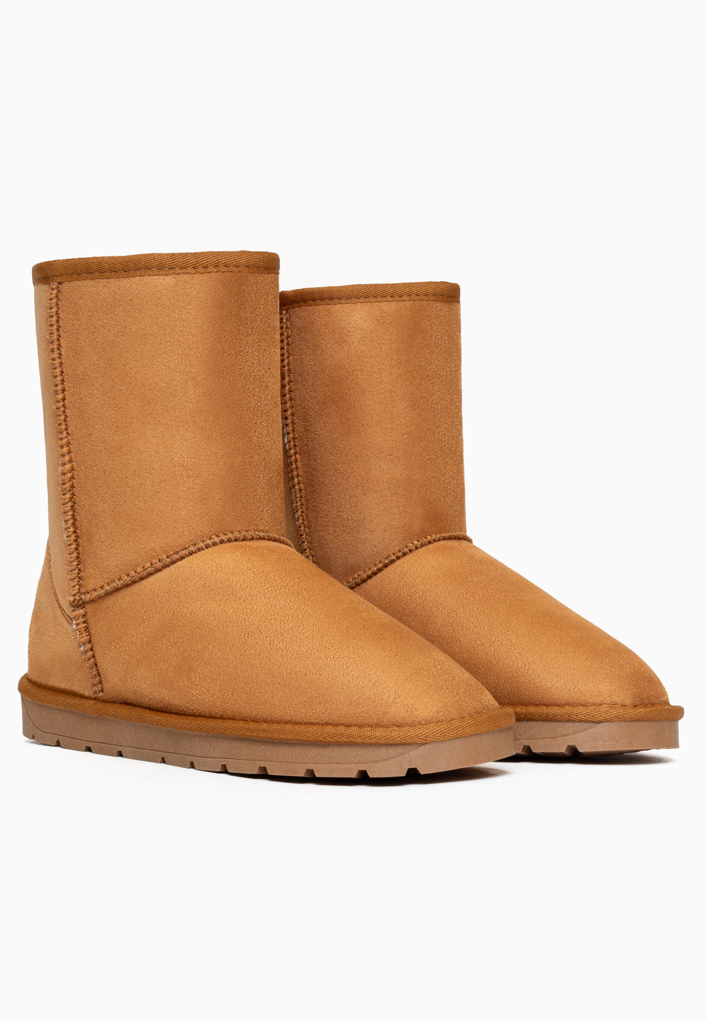 Paire de bottes fourrées Joy camel de trois-quarts, tiges mi-mollet assorties