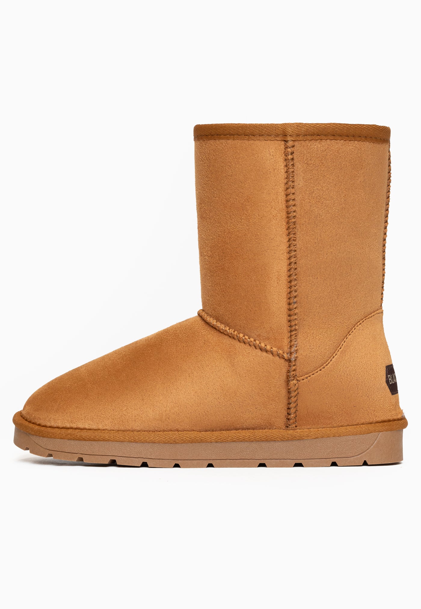 Botte fourrée Joy camel vue de profil gauche, étiquette Blackfield au talon