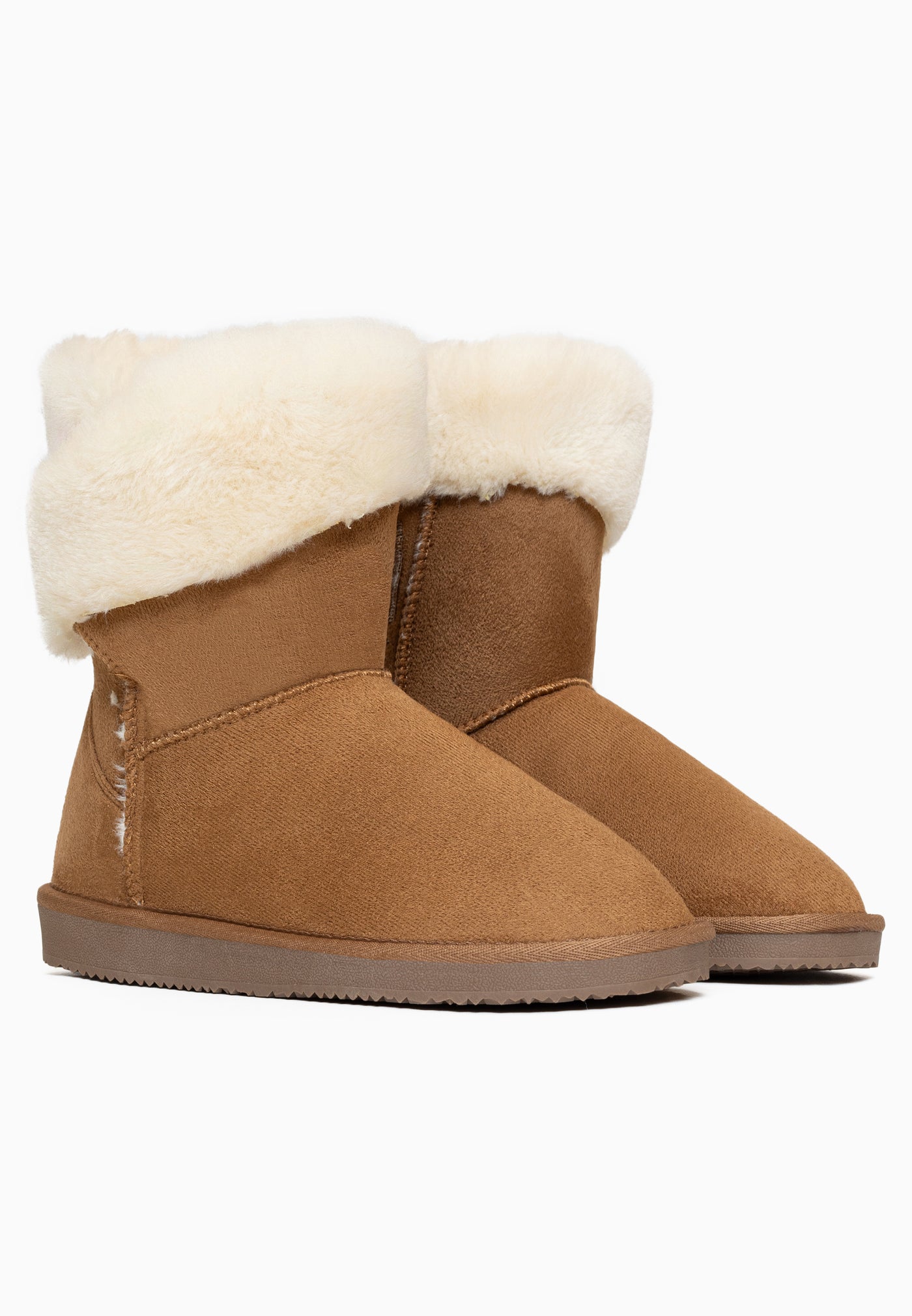 Paire de bottines fourrées Barbara camel, larges manchettes de fausse fourrure crème repliées