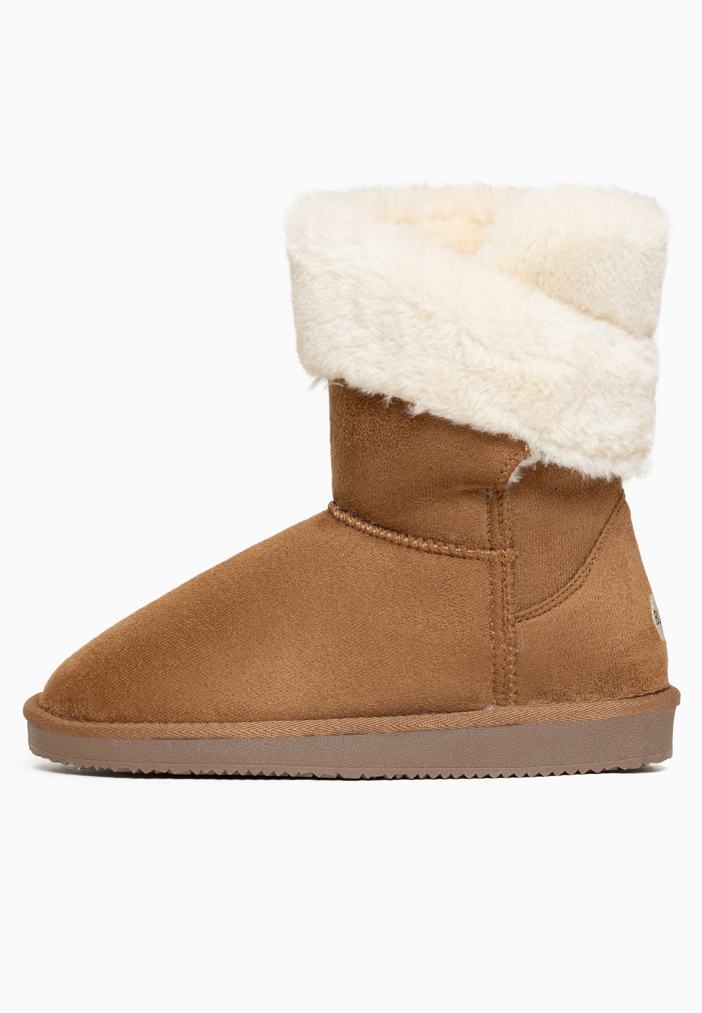 Bottine fourrée mi-mollet Barbara camel de profil, microfibre mate et semelle ton sur ton