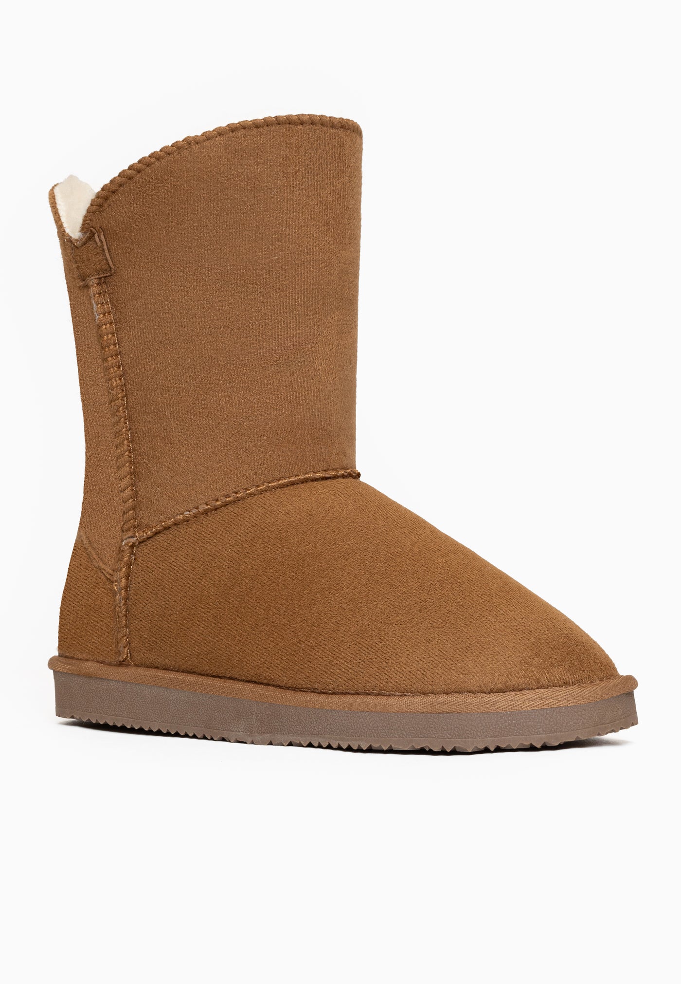 Bottine fourrée Ocean camel de profil, tige lisse et couture courbe sur le quartier