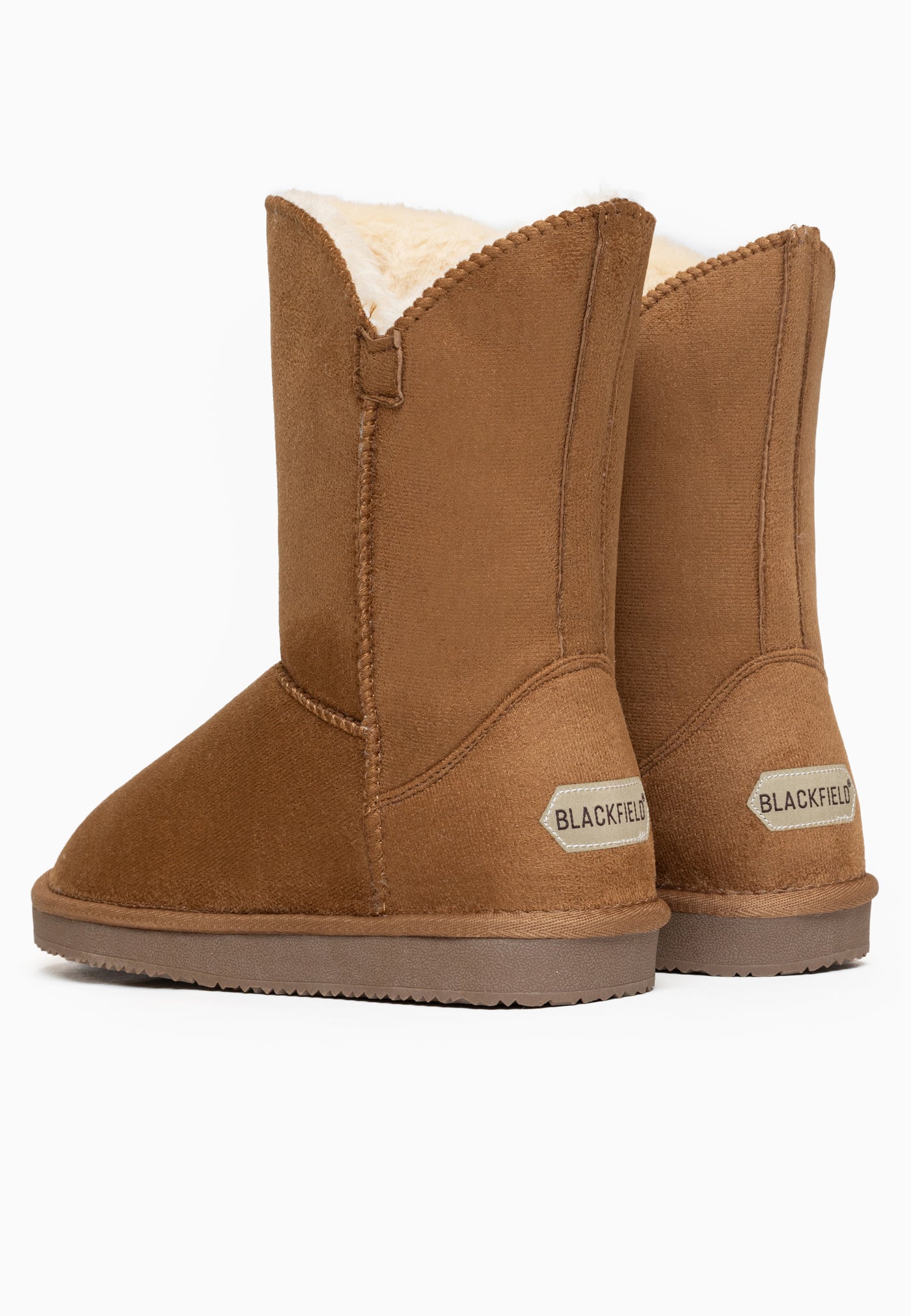 Paire de bottines fourrées Ocean camel de dos, deux étiquettes beiges aux talons