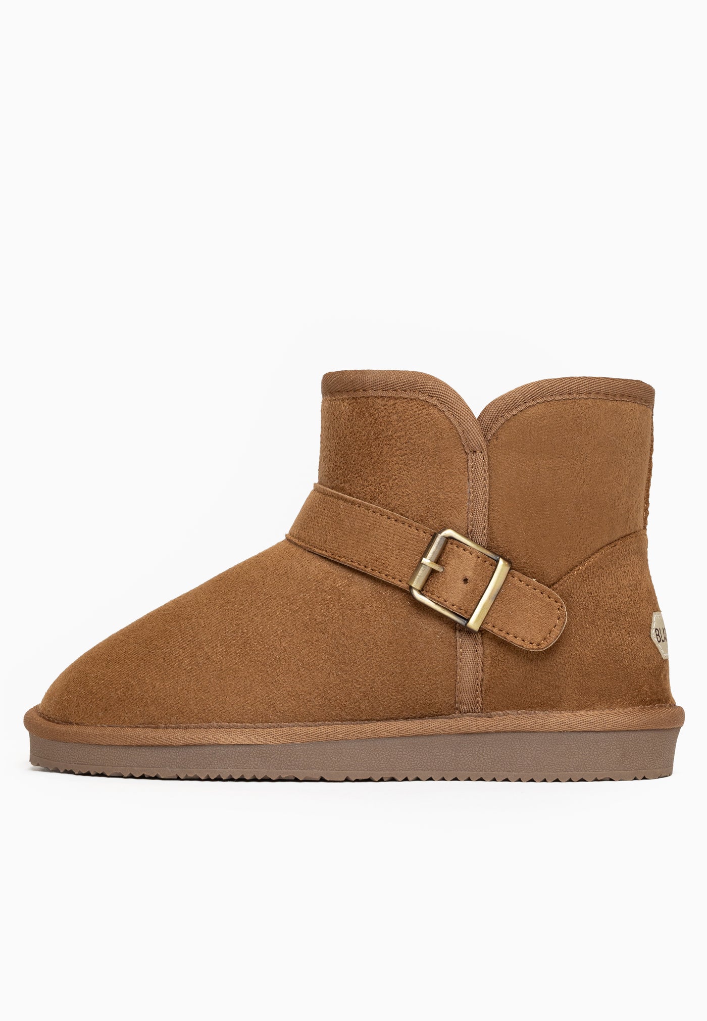 Bottine fourrée Charriton camel de trois-quarts, boucle carrée en laiton mat