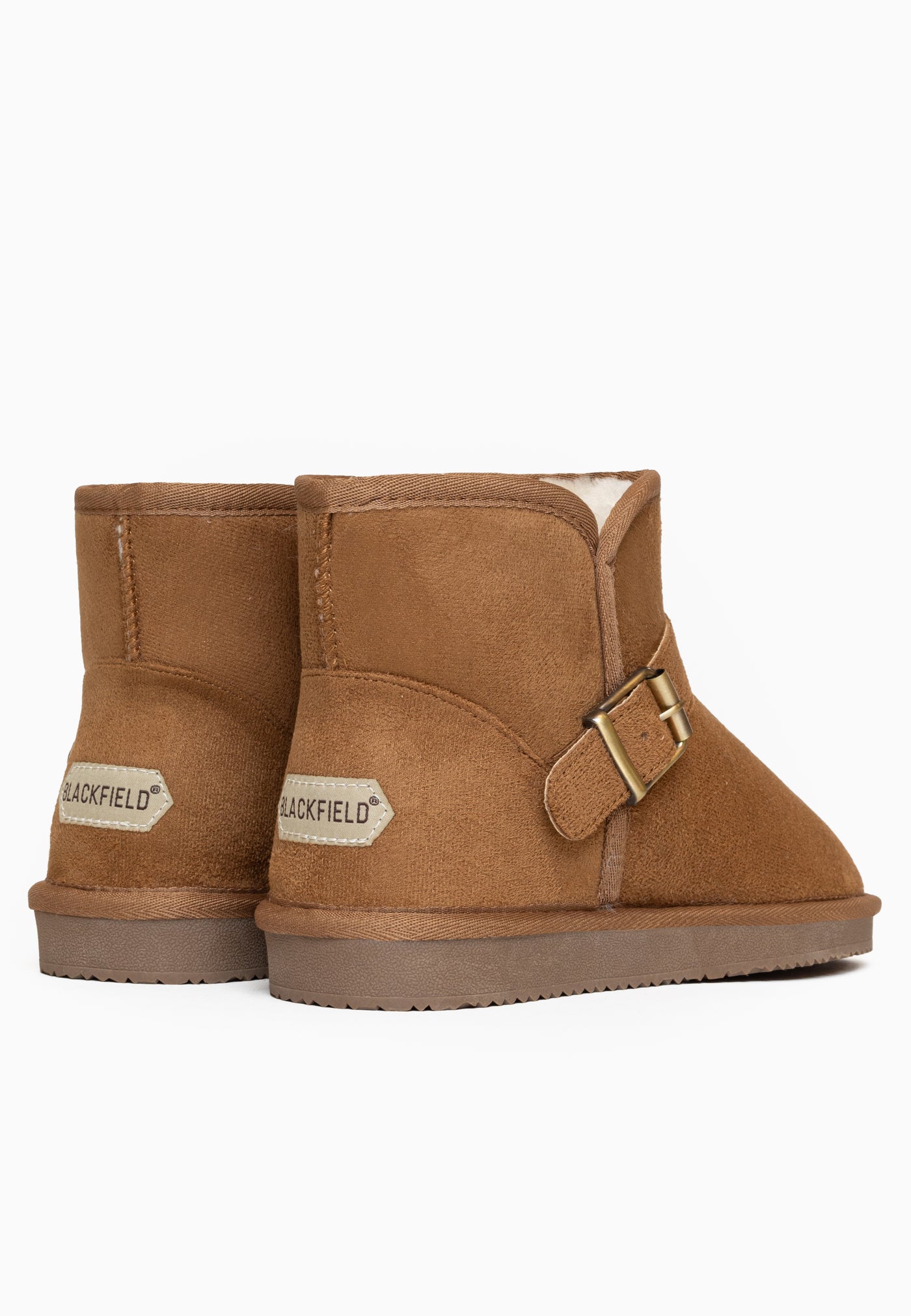 Paire de bottines fourrées Charriton camel vue de dos, étiquettes claires aux talons