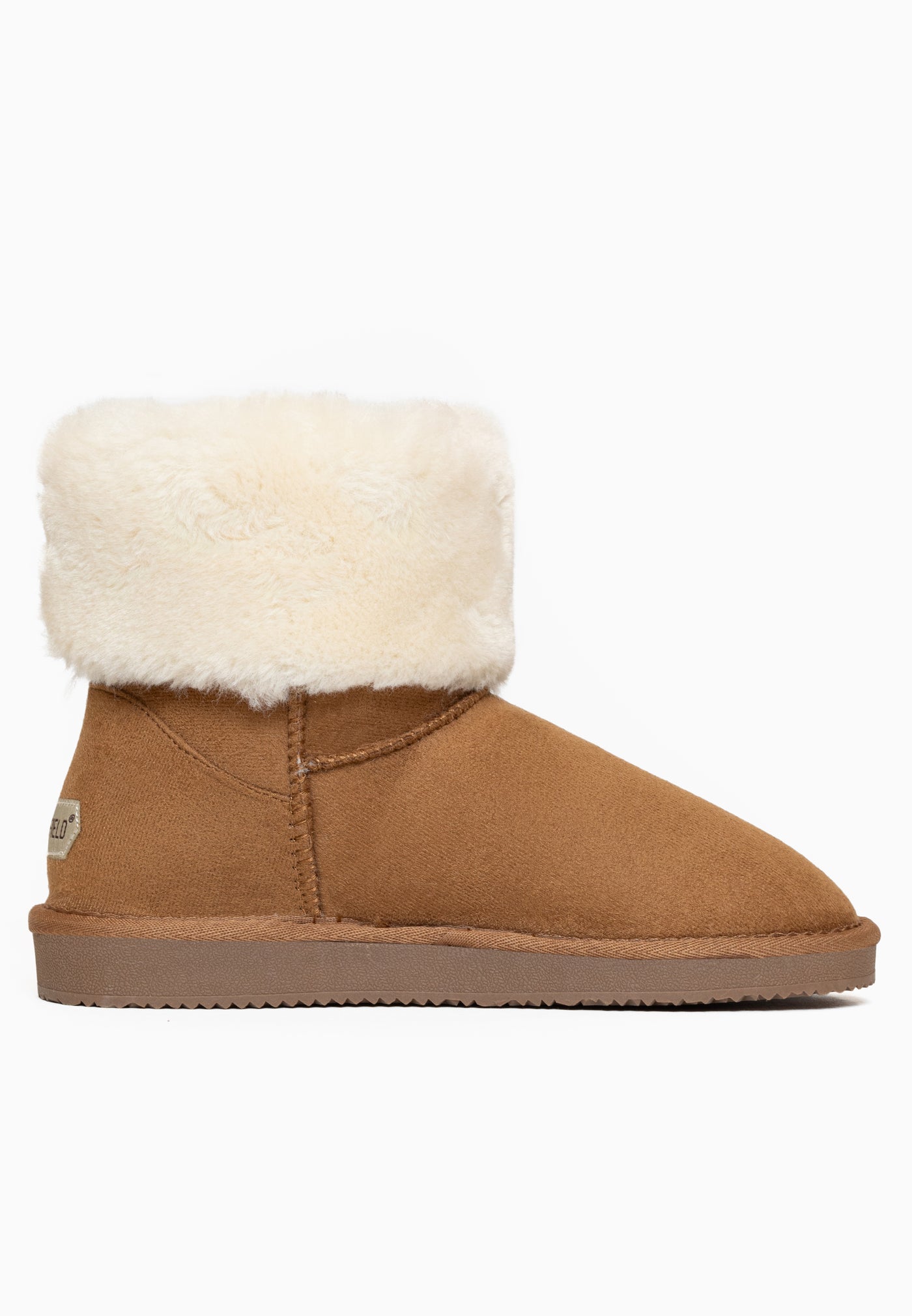 Bottine fourrée Clary camel de trois-quarts arrière, étiquette cousue au talon