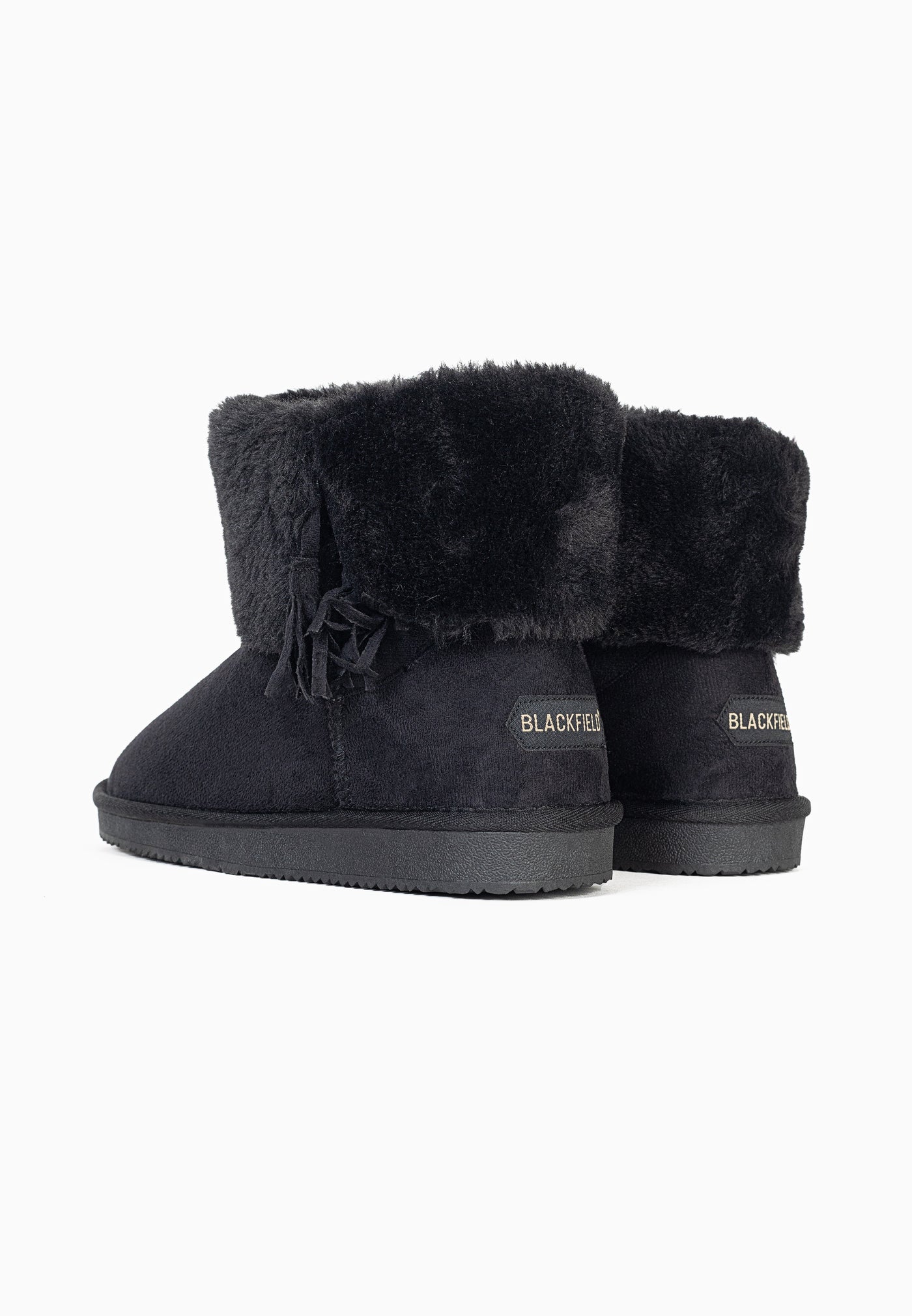 Bottines fourrées Clary noires de près, revers de fausse fourrure vu depuis l'arrière