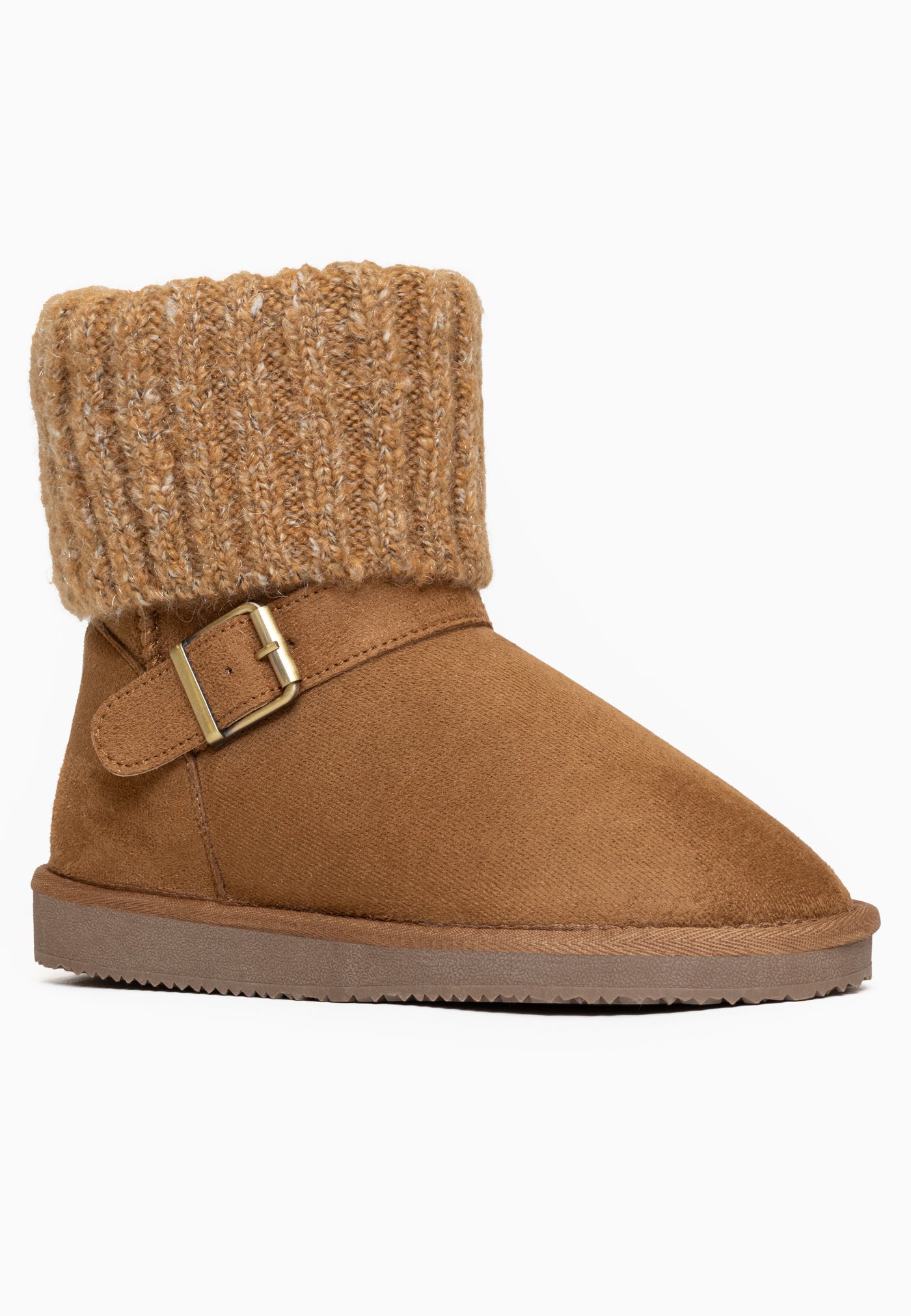 Bottine fourrée Kylie camel vue de trois-quarts, revers de maille côtelée camel chinée