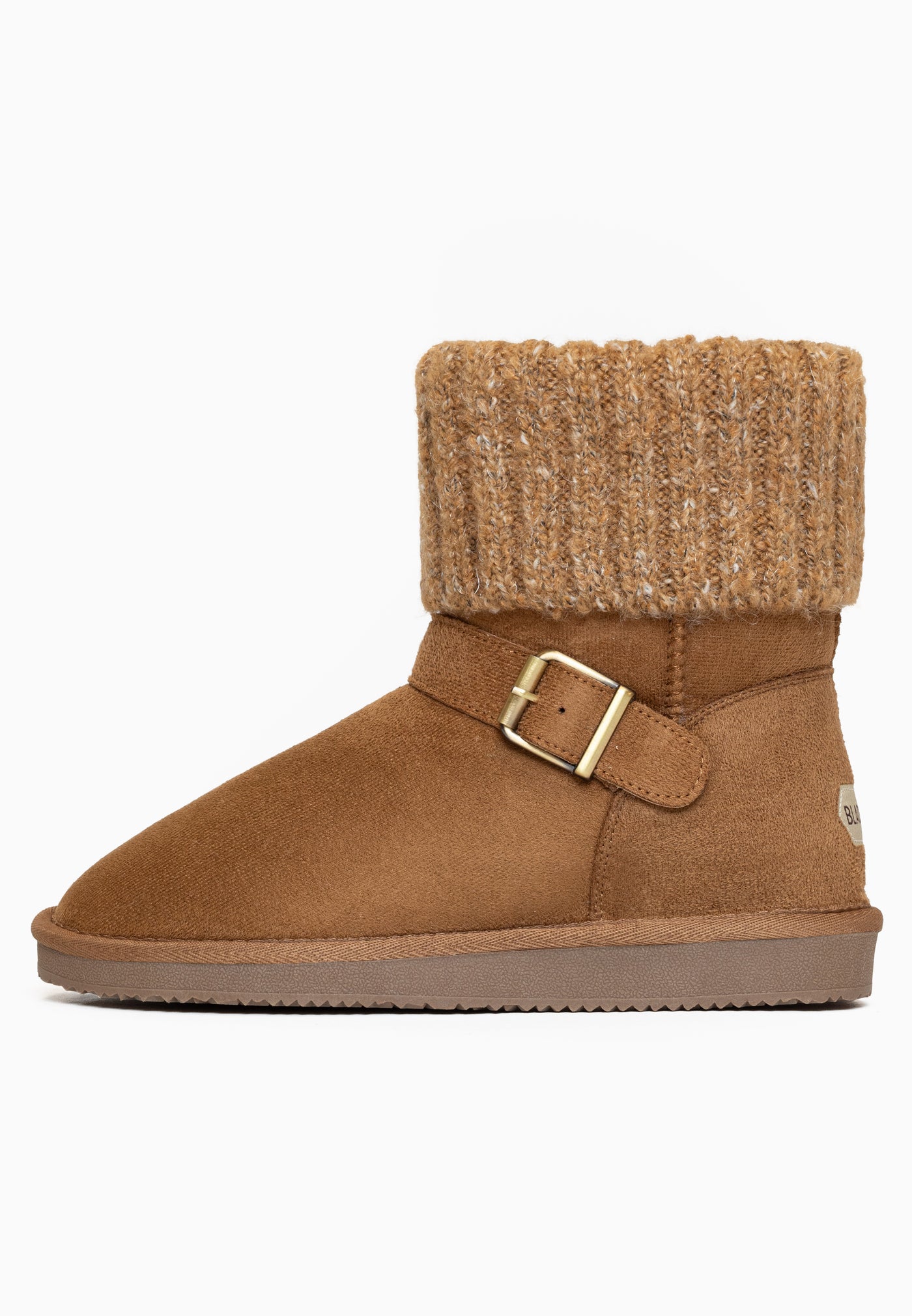 Bottine fourrée Kylie camel de profil, boucle carrée dorée et semelle brun clair