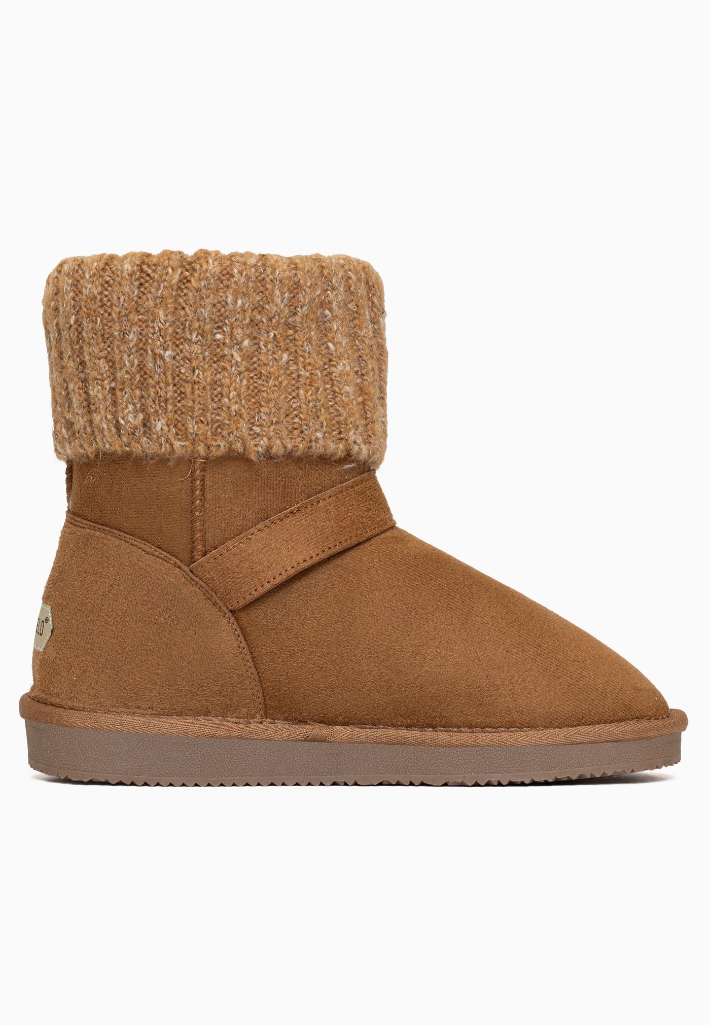 Bottine fourrée Kylie camel de profil côté intérieur, couture en V sur le quartier