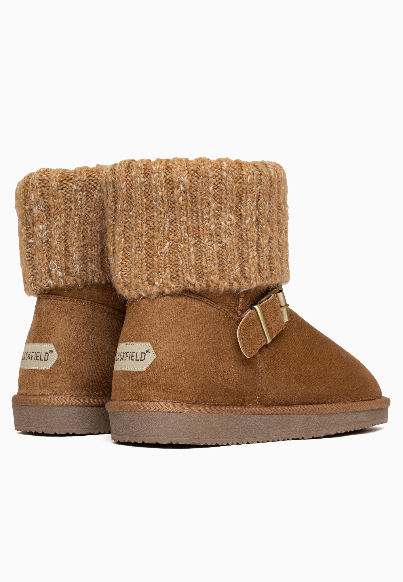 Paire de bottines fourrées Kylie camel de dos, étiquettes Blackfield claires aux talons