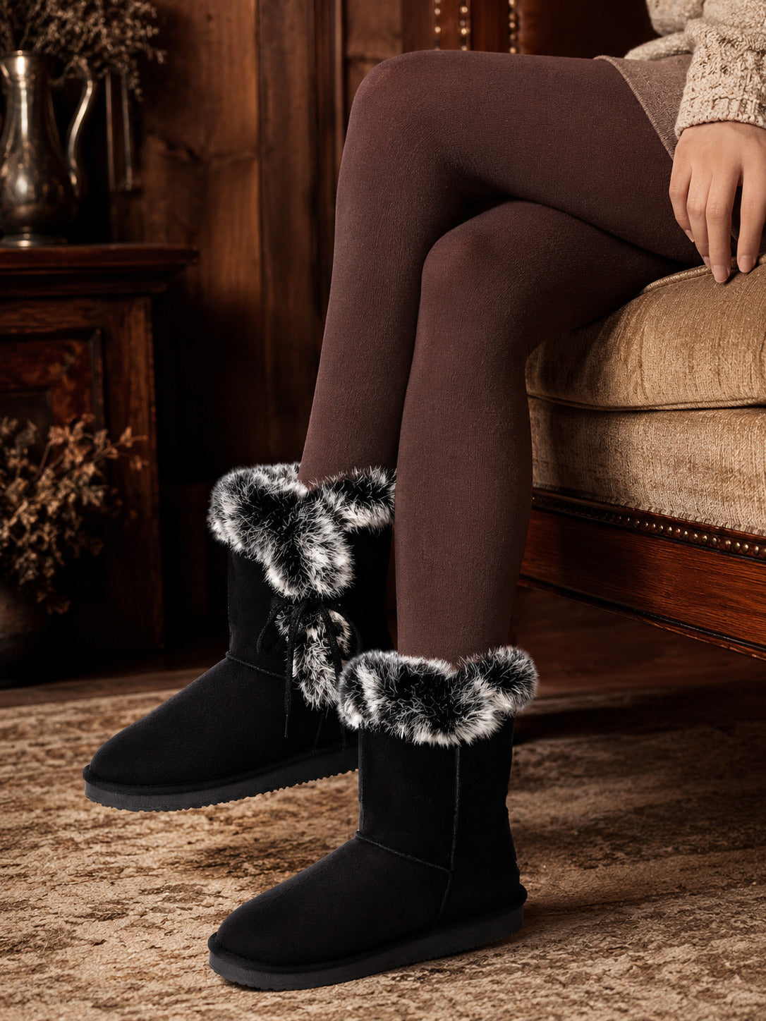 Bottines fourrées Coma noires portées avec des collants prune, assise sur un canapé beige