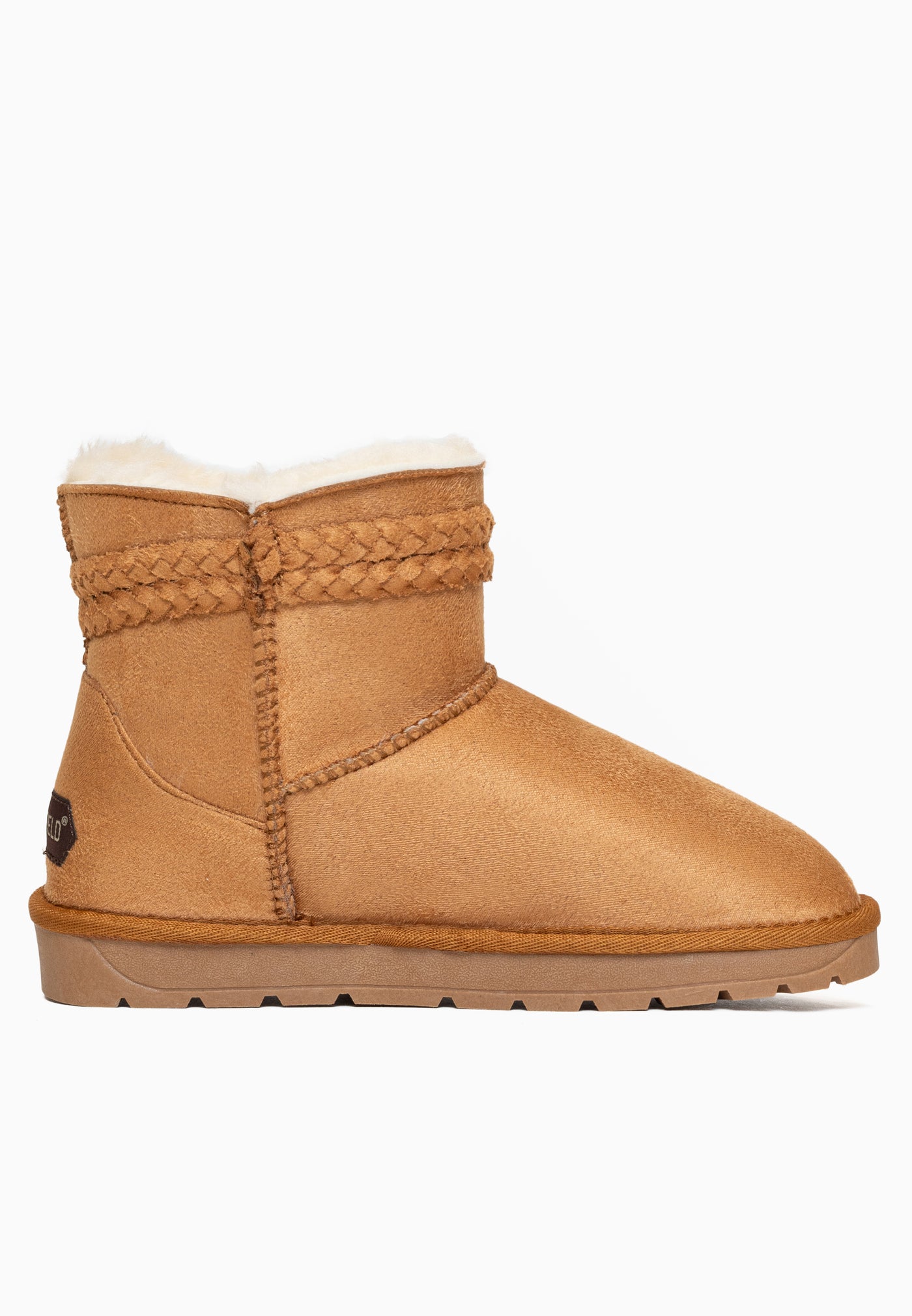Bottine fourrée Mergie camel de trois-quarts arrière, étiquette Blackfield au talon