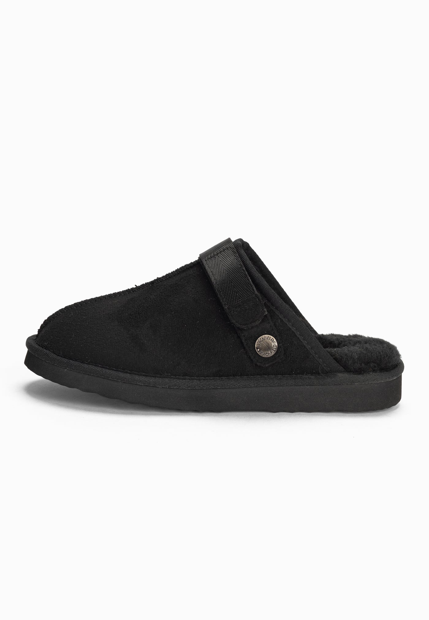 Chausson fourré Bao noir de profil, bouton pression nickelé au cou-de-pied