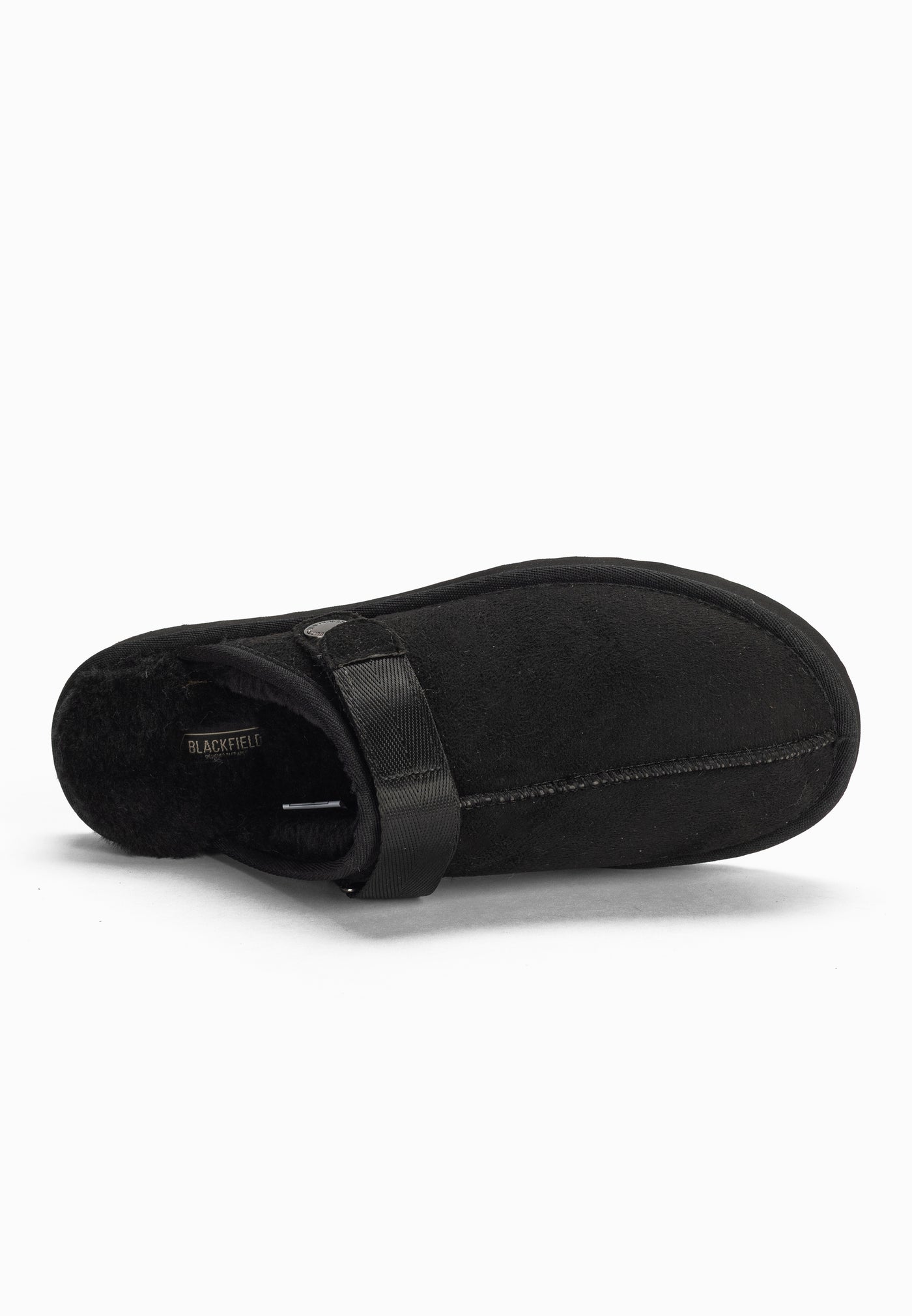 Chausson fourré Bao noir vu de dessus, étiquette Blackfield dorée au fond du talon