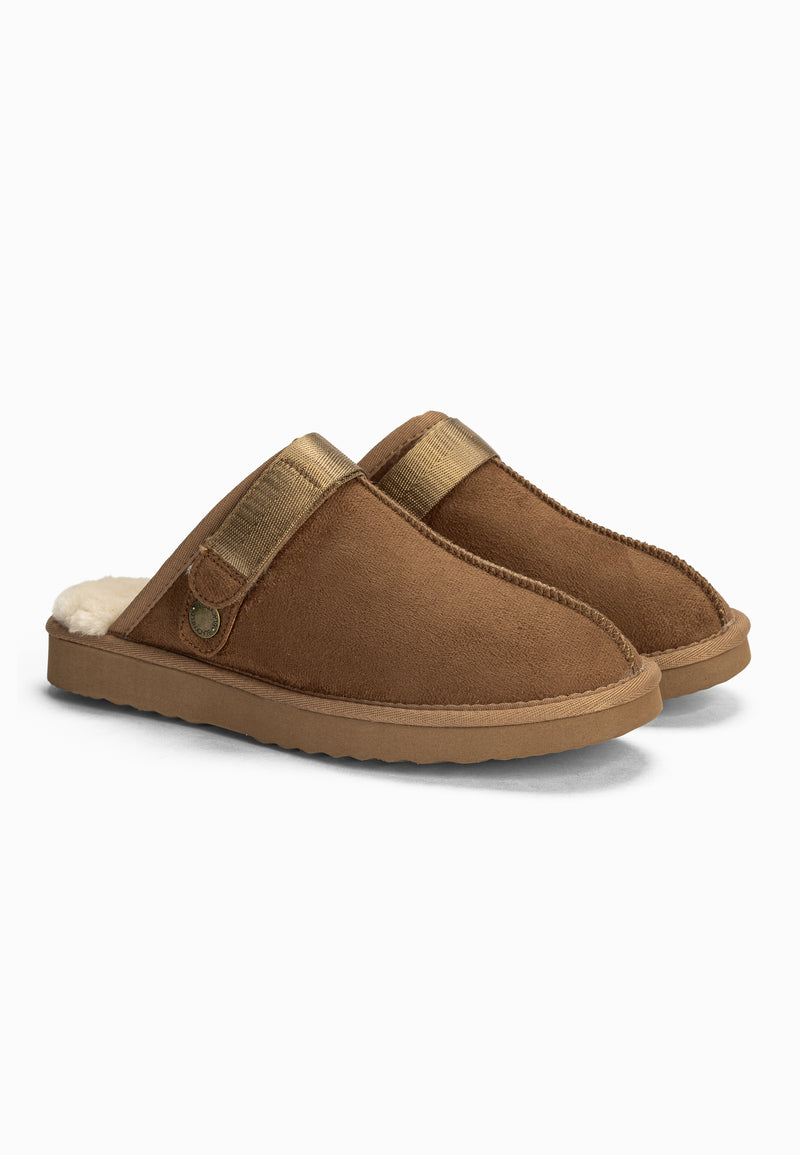 Paire de chaussons fourrés Bao camel de trois-quarts, pattes dorées à bouton pression