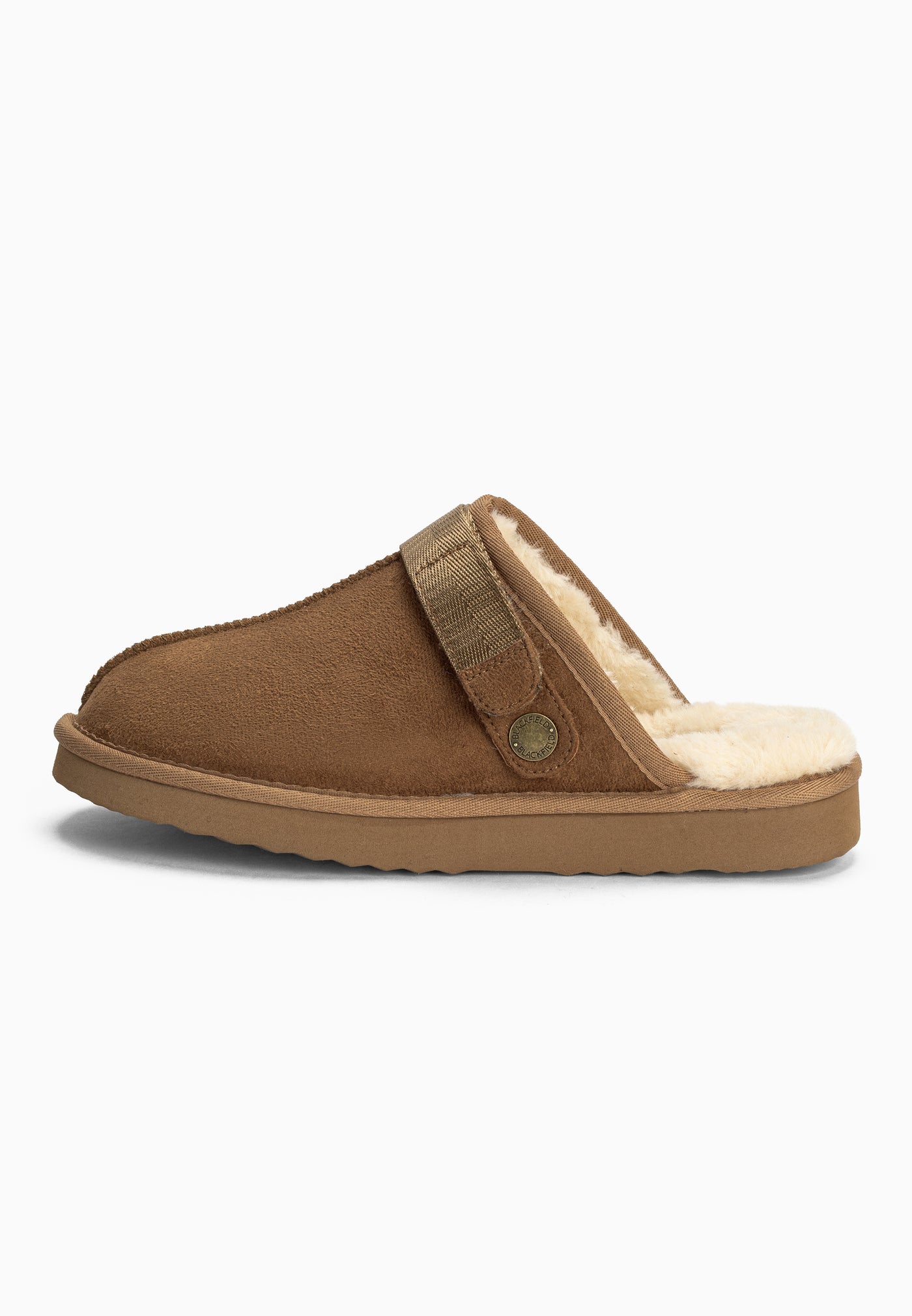 Chausson fourré Bao camel de profil, col de fausse fourrure crème et bouton patiné