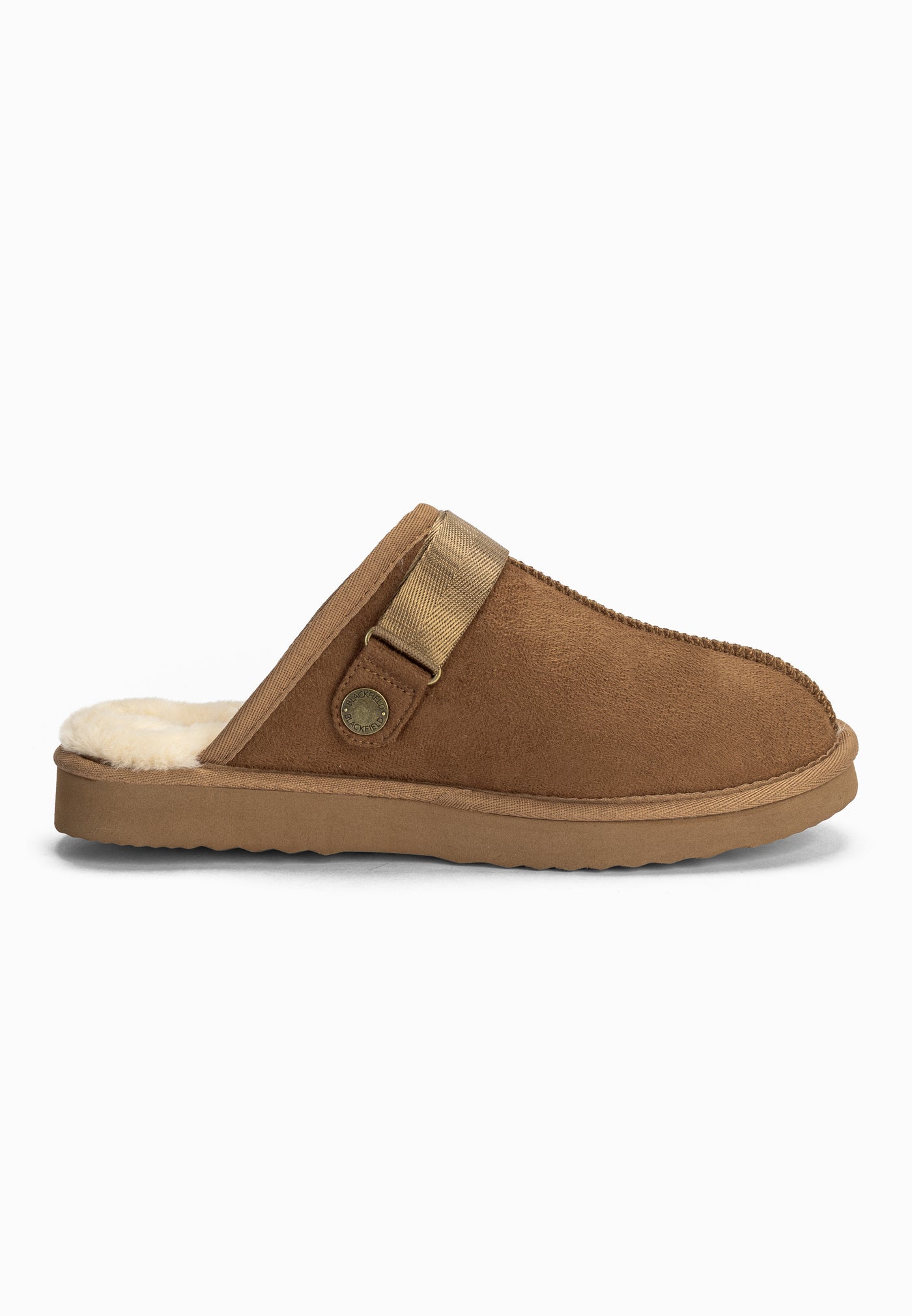 Autre côté du chausson fourré Bao camel, doublure crème débordant à l’ouverture