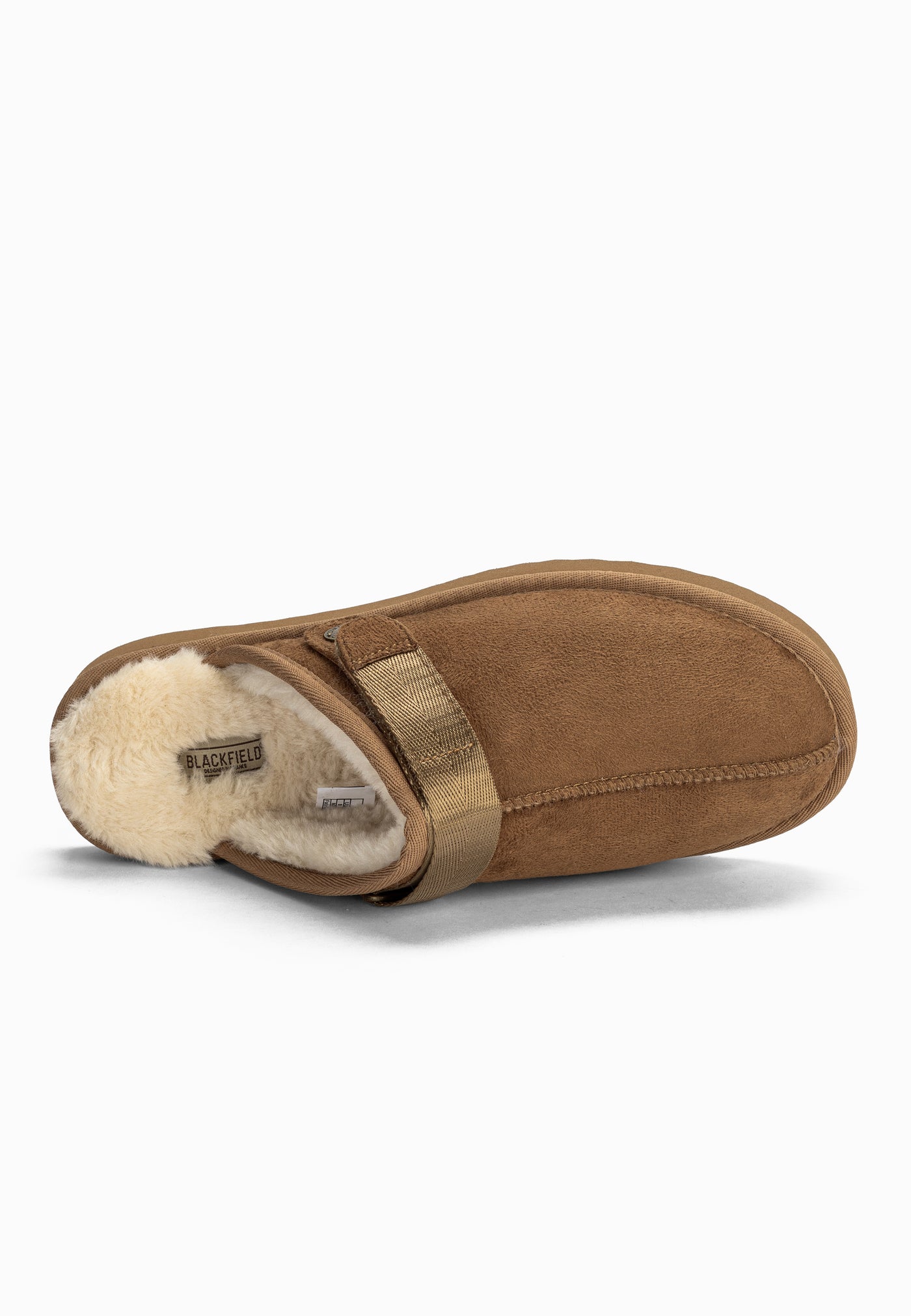 Chausson fourré Bao camel vu de dessus, étiquette Blackfield cousue au fond du talon