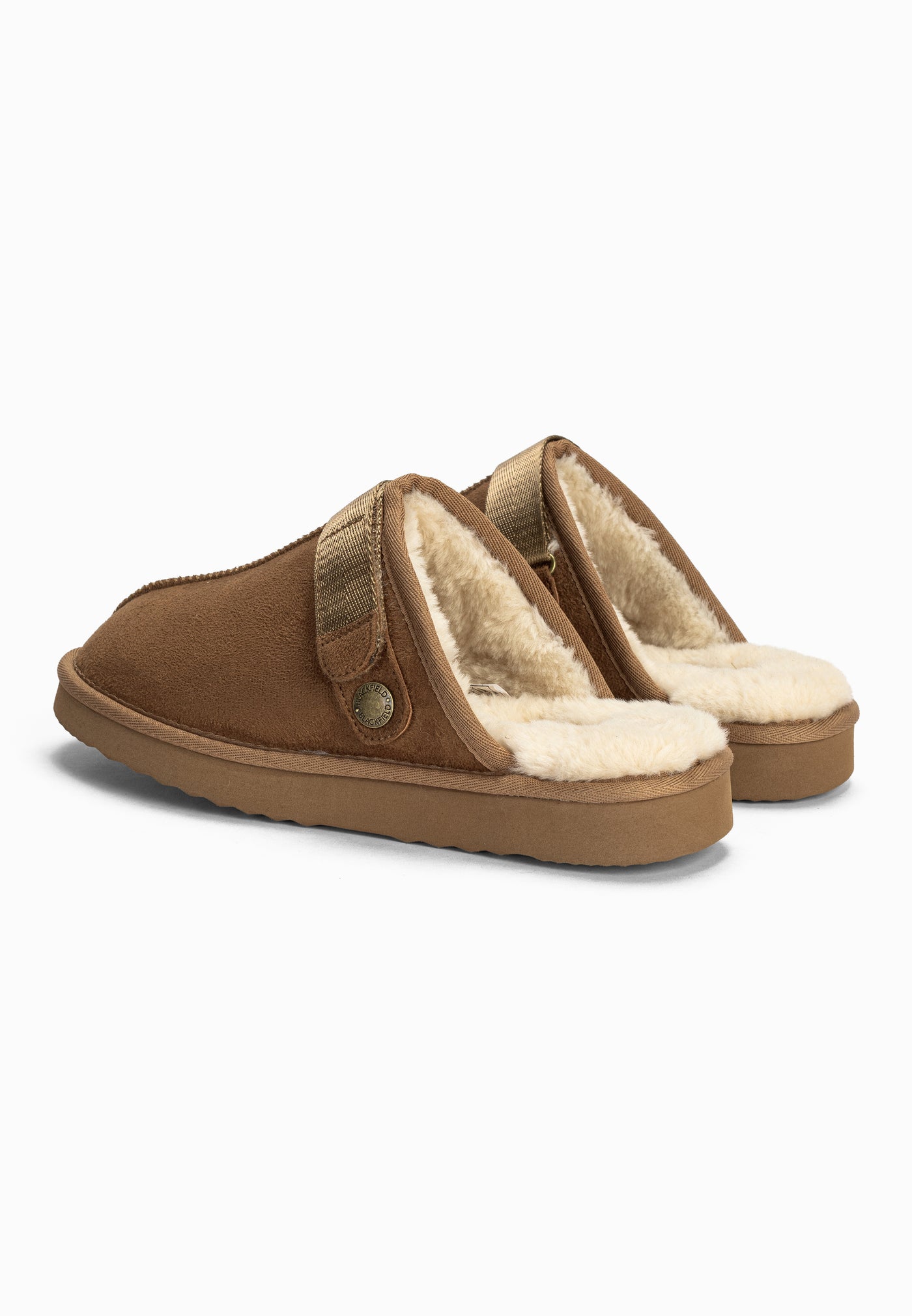 Paire de chaussons fourrés Bao camel vue de dos, talons ouverts et doublure crème