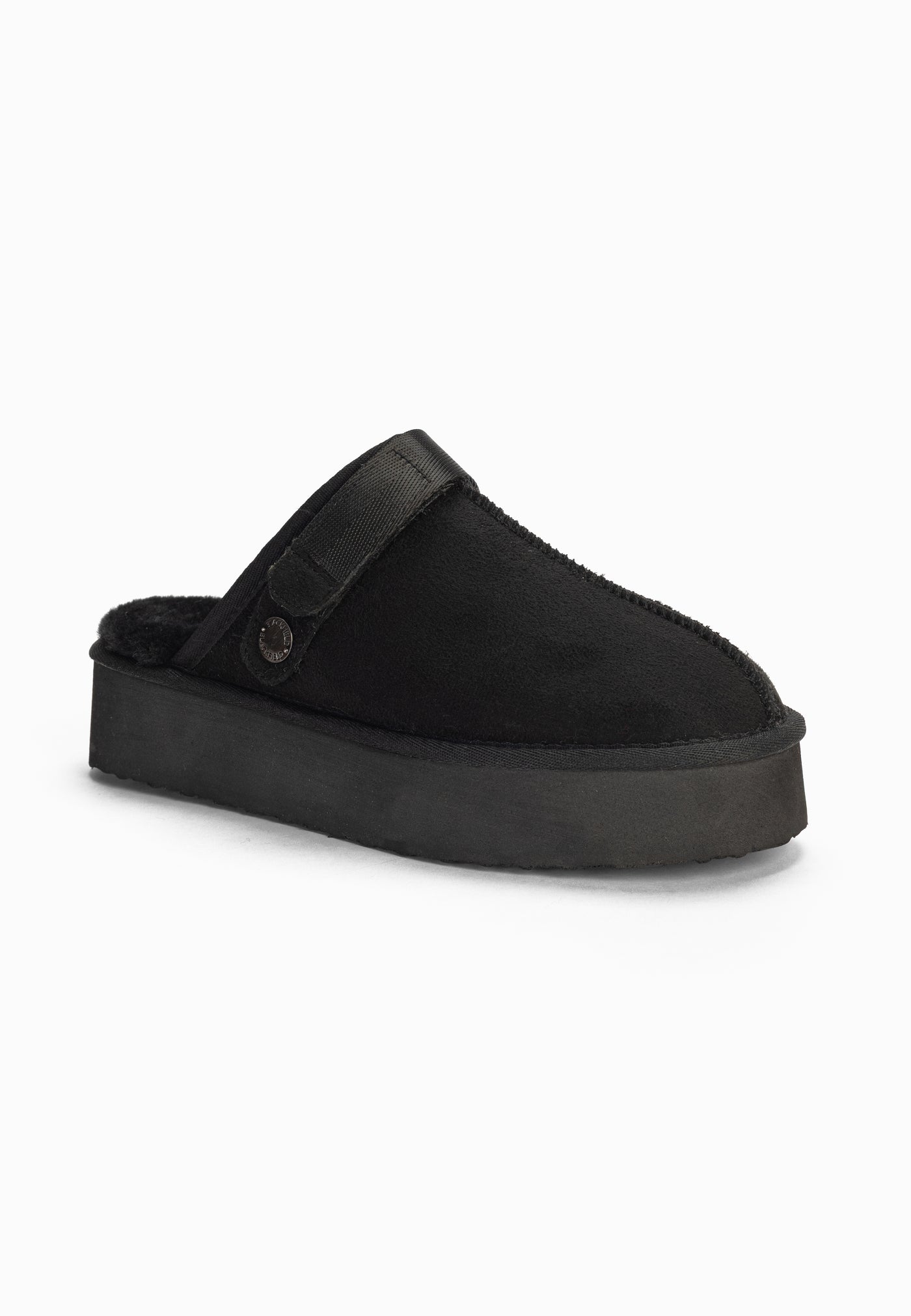 Sabot fourré Bilbao noir de trois-quarts arrière, doublure sombre au bord du talon
