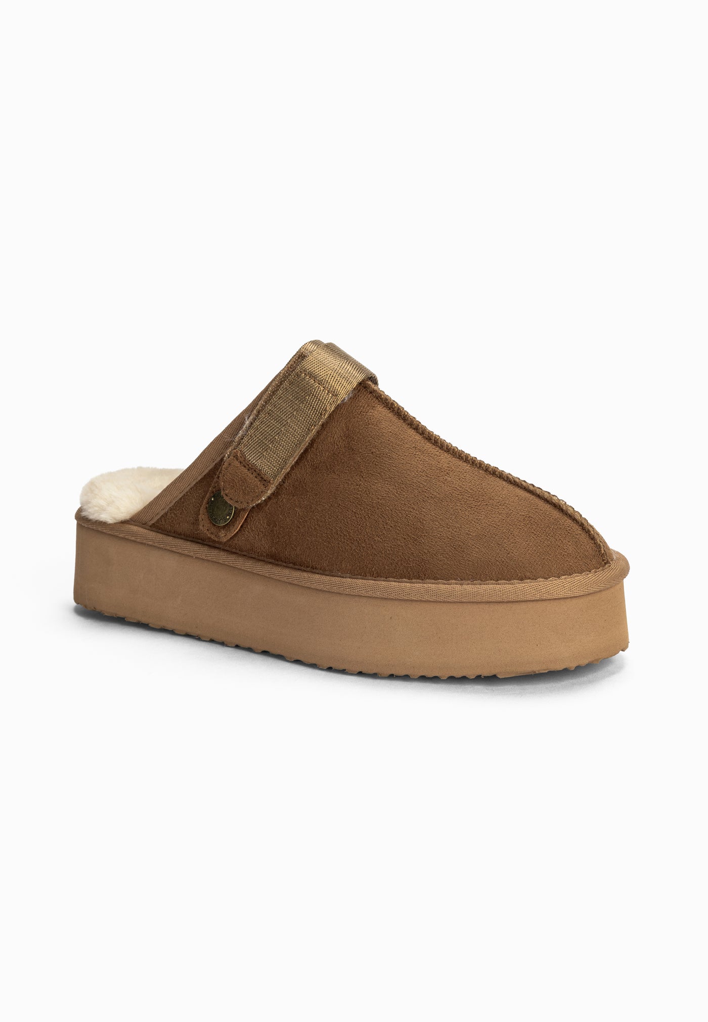 Sabot fourré Bilbao camel de trois-quarts, plateforme pleine et doublure crème au bord