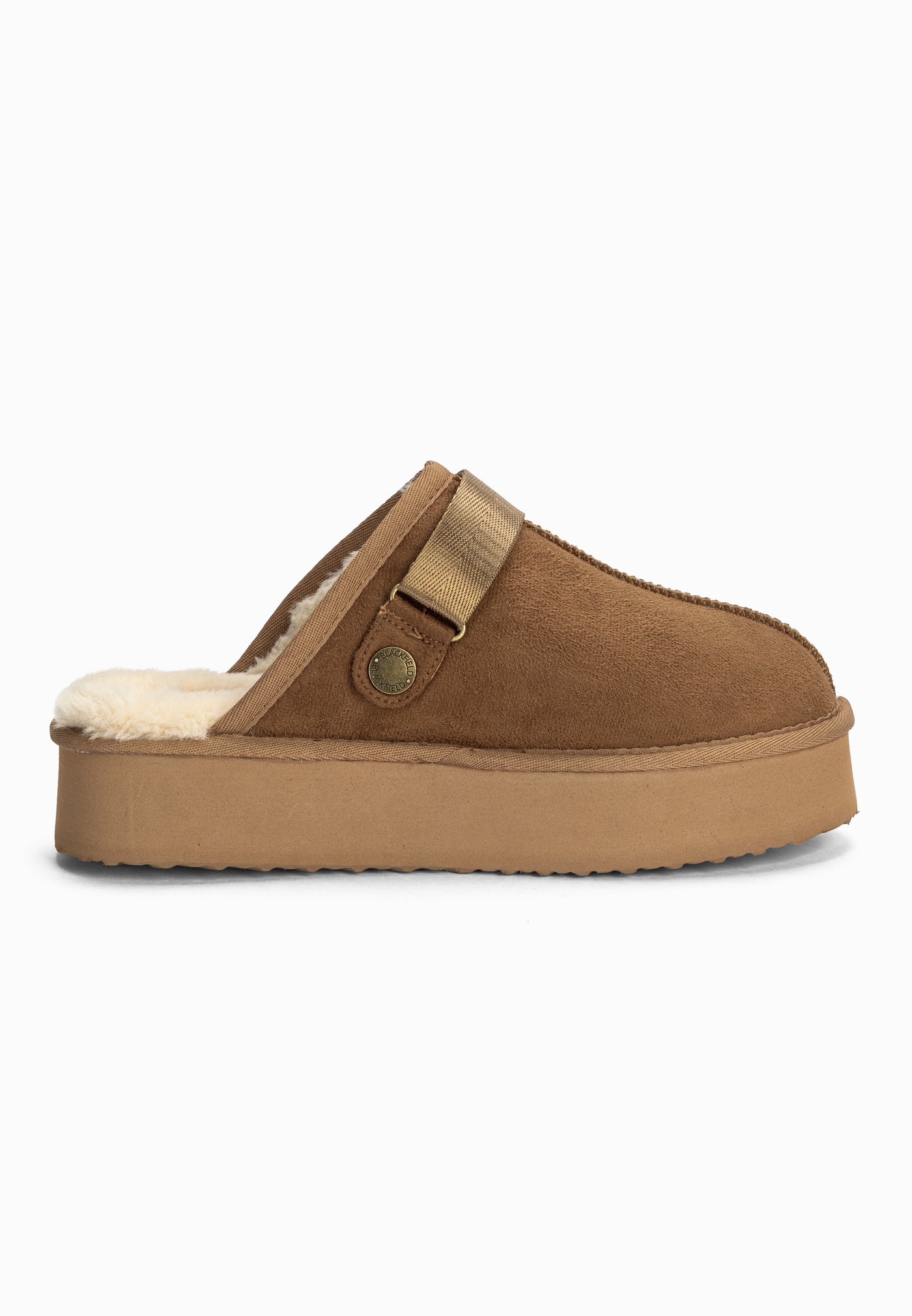 Sabot fourré Bilbao camel vue de l'autre côté, talon ouvert et col crème débordant