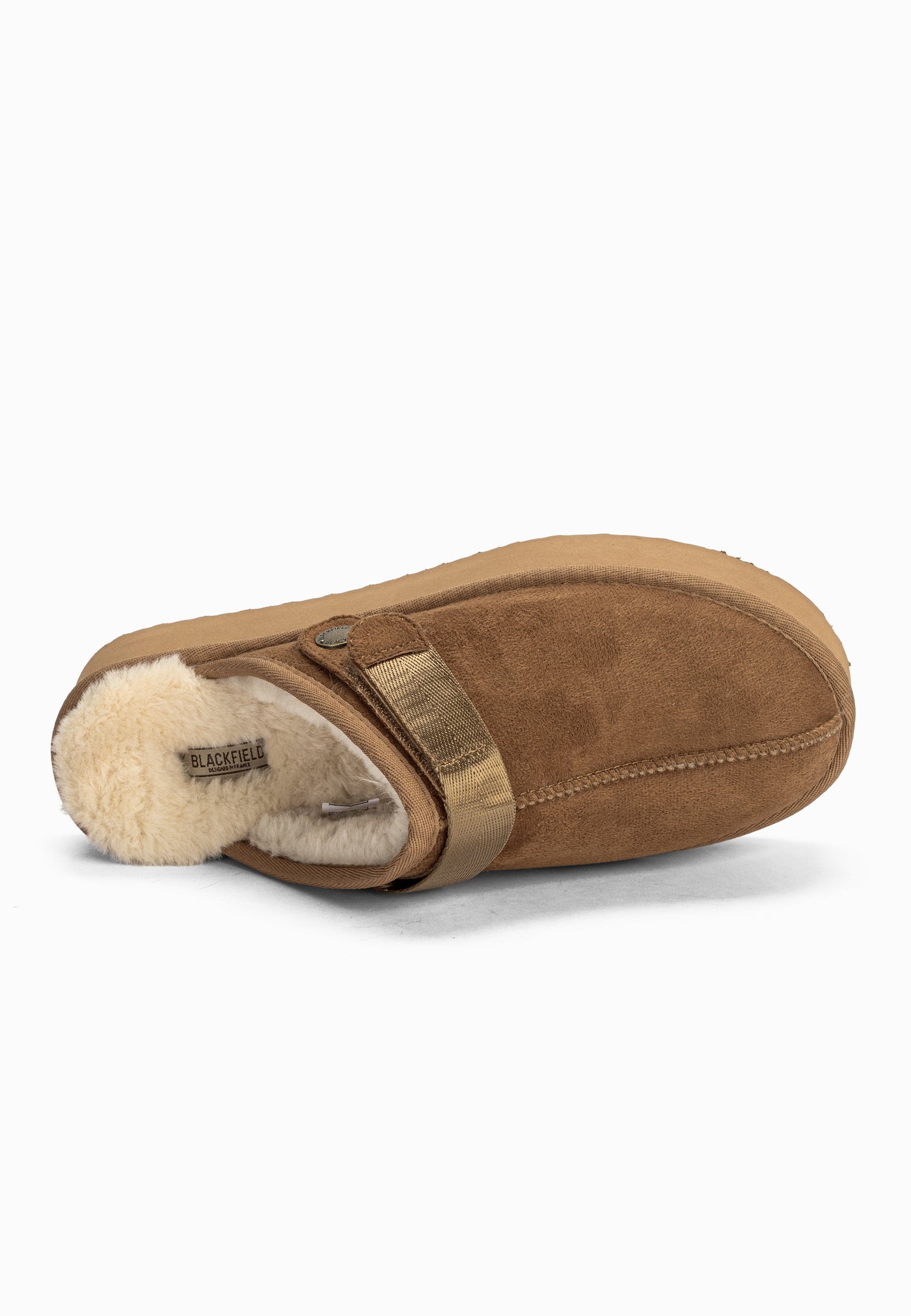 Sabot fourré Bilbao camel de dessus, intérieur crème et étiquette Blackfield cousue