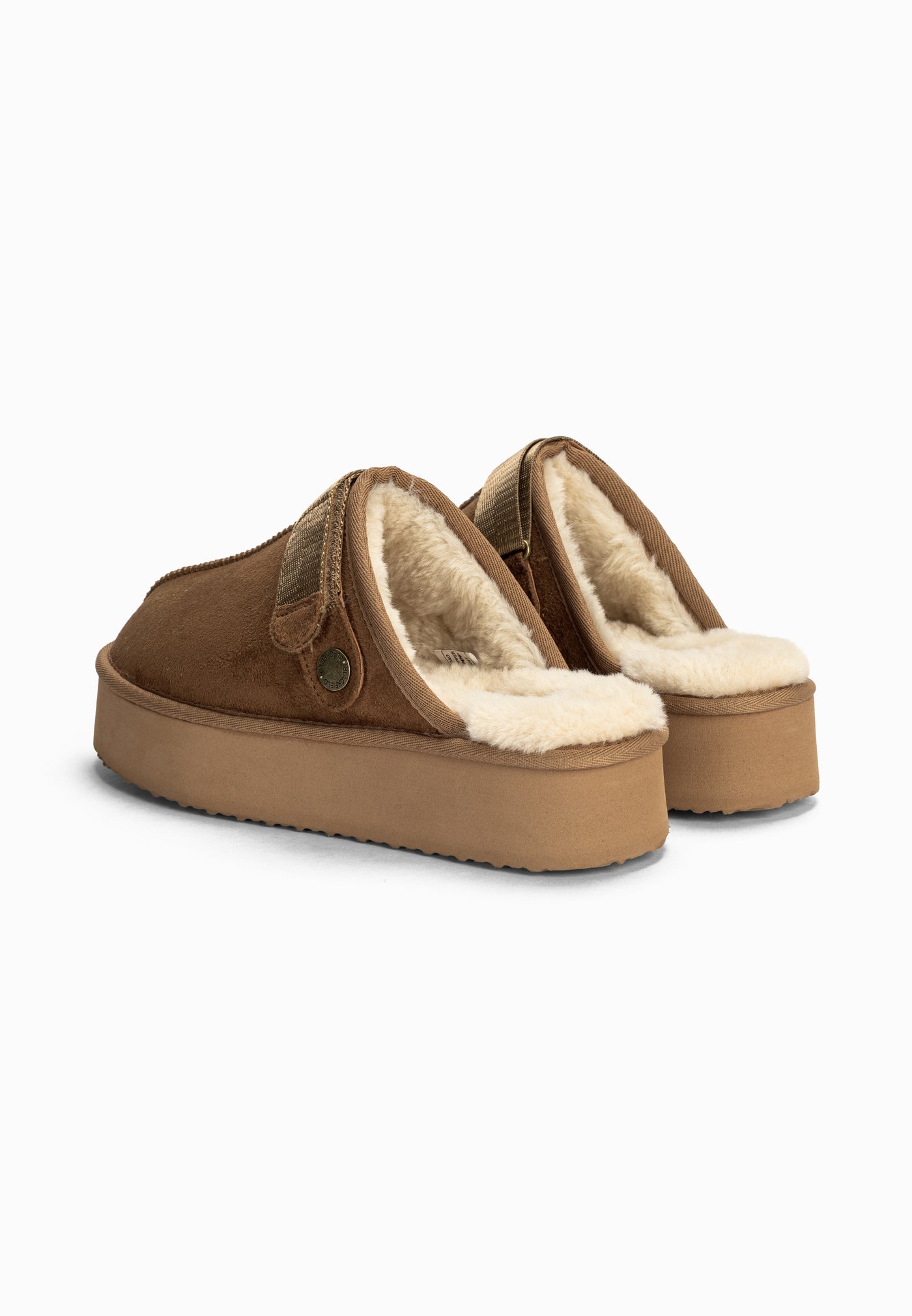 Paire de sabots fourrés Bilbao camel vue de dos, talons ouverts et doublure claire