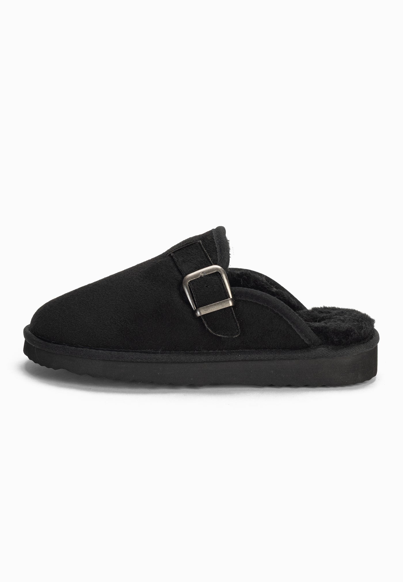 Chausson fourré Benoit noir de profil, bride à boucle et doublure noire