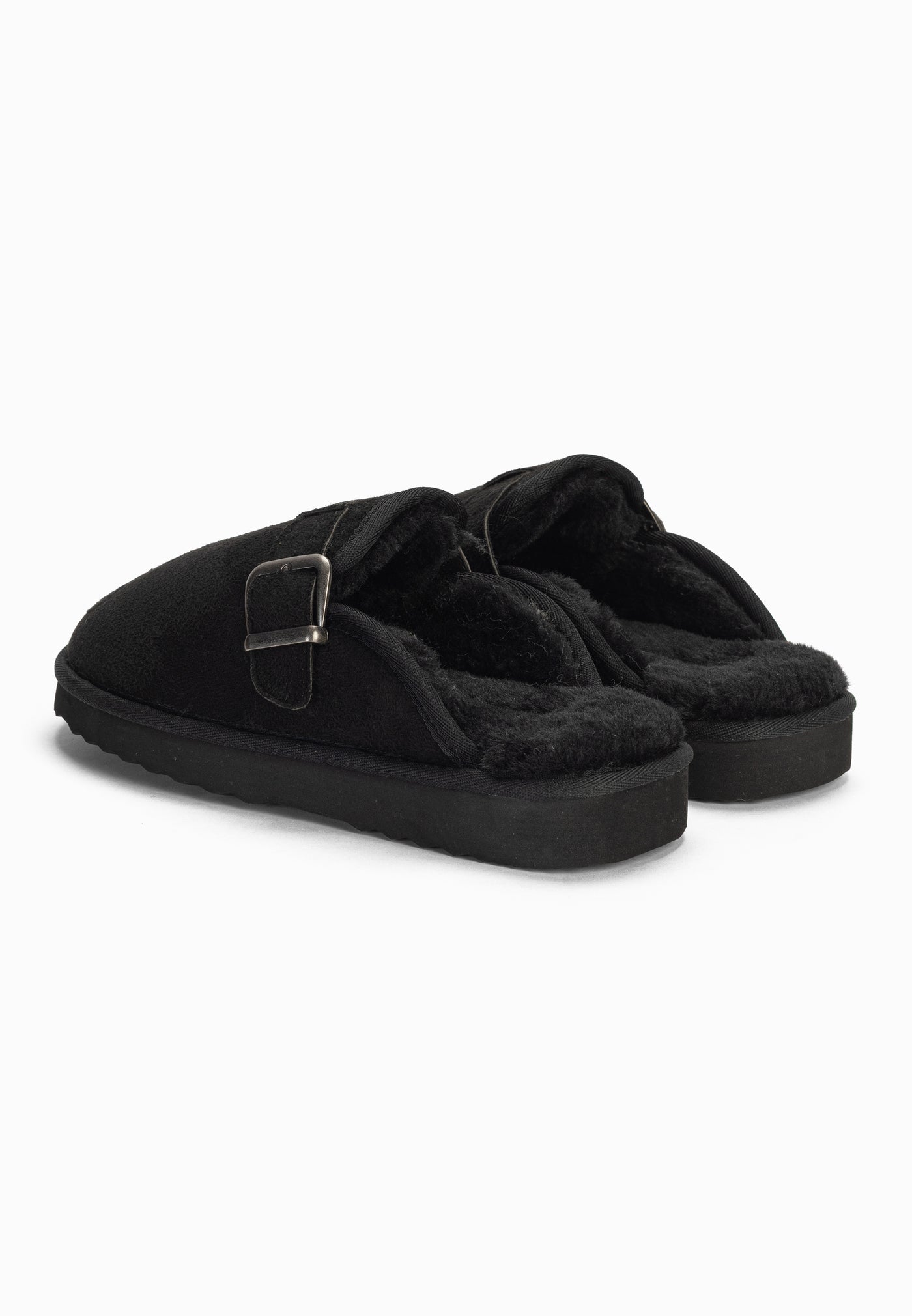 Paire de chaussons fourrés Benoit noirs vue de dos, talons ouverts et col noir