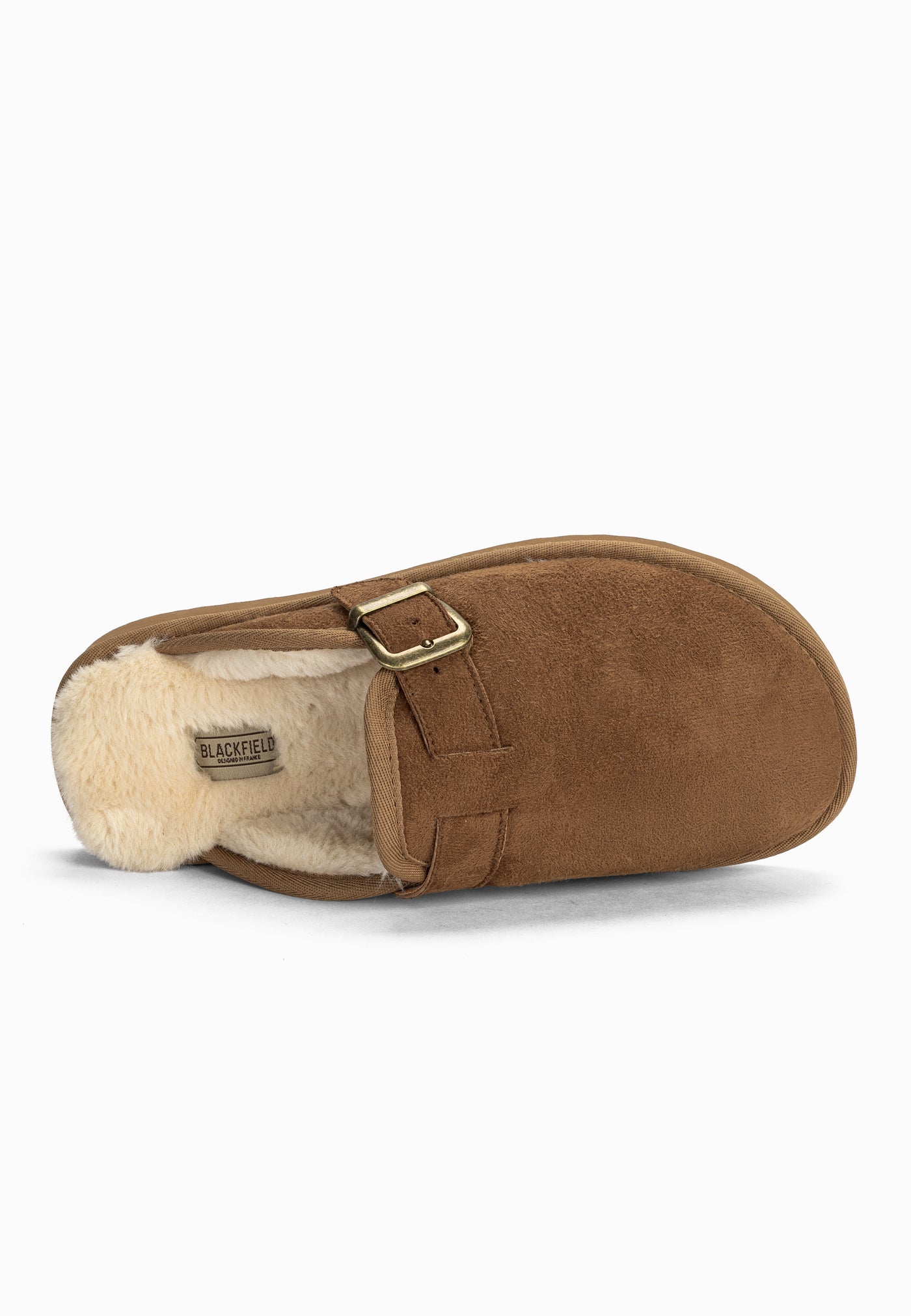 Chausson fourré Benoit camel vu de dessus, étiquette Blackfield au fond du talon