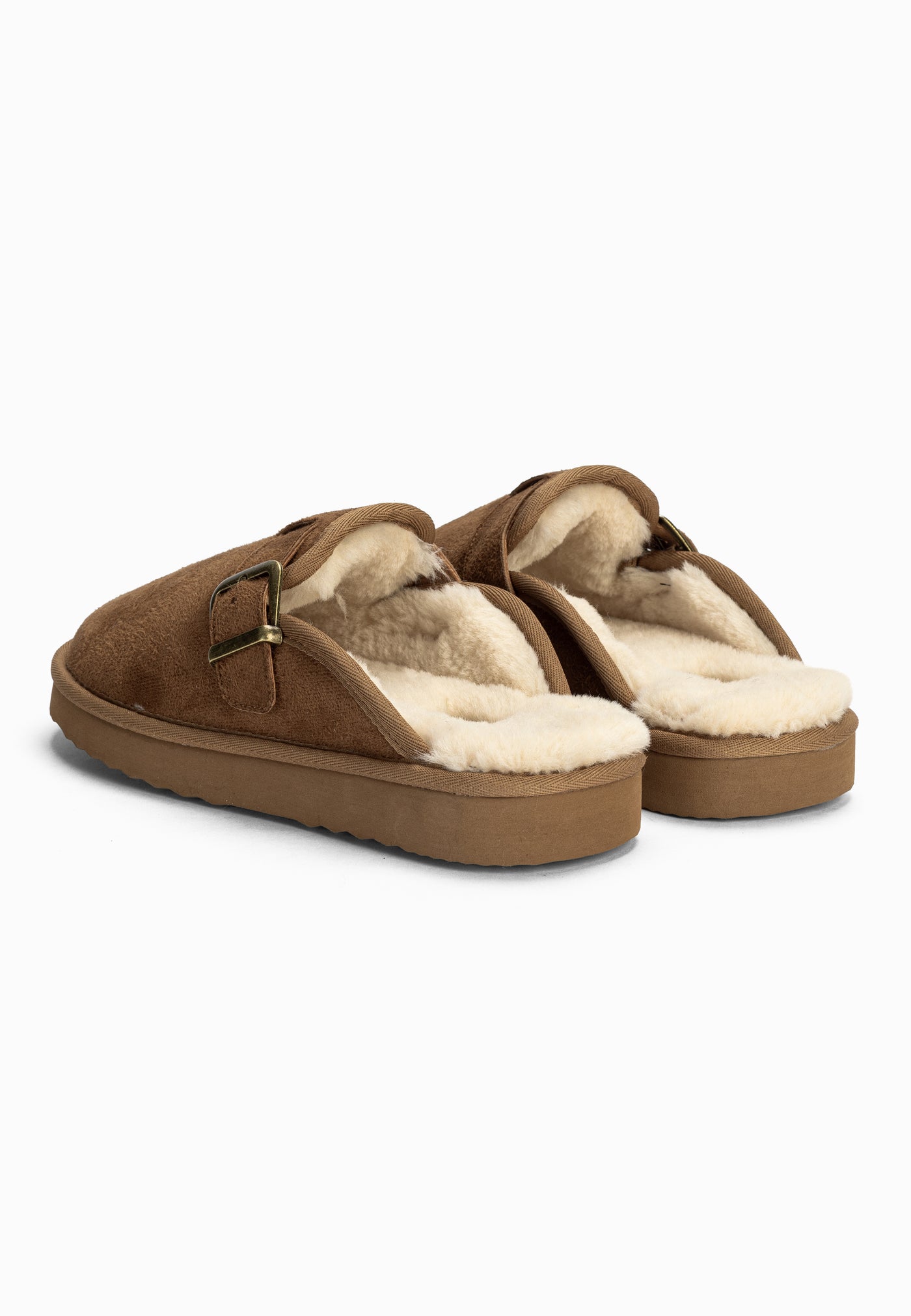 Paire de chaussons fourrés Benoit camel vue de dos, talons ouverts et col crème