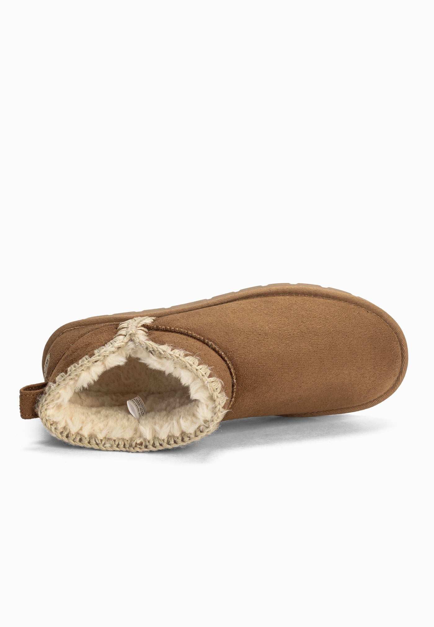 Bottine fourrée Bakelite camel vue de dessus, intérieur garni de fausse fourrure crème