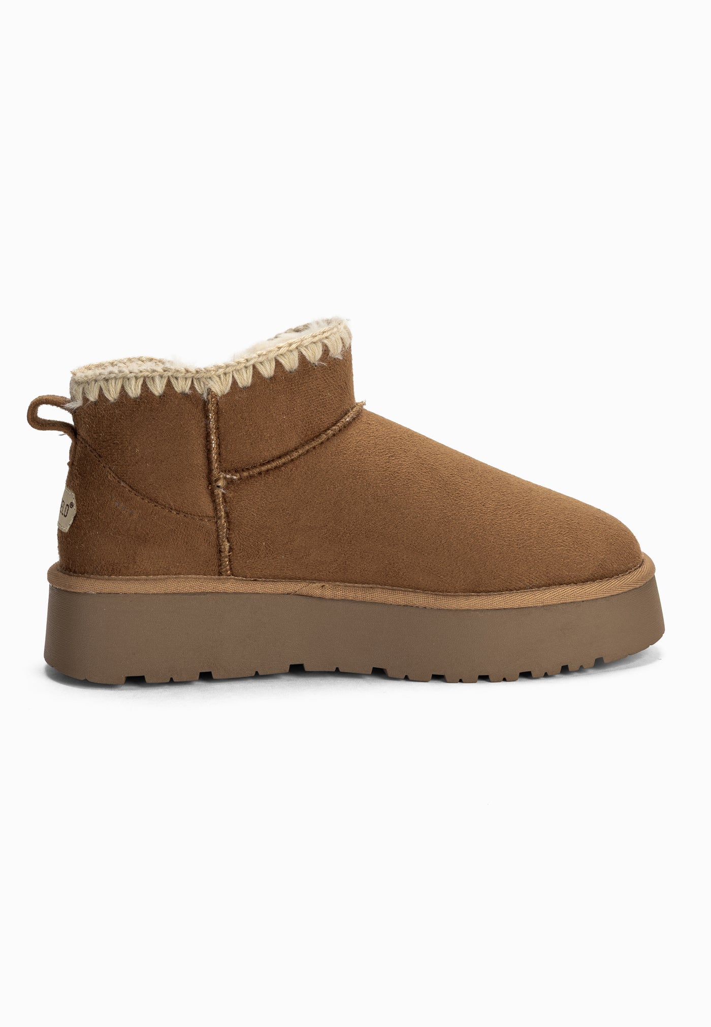 Bottine fourrée Baklava camel vue de l'autre côté, couture centrale et tirant au talon
