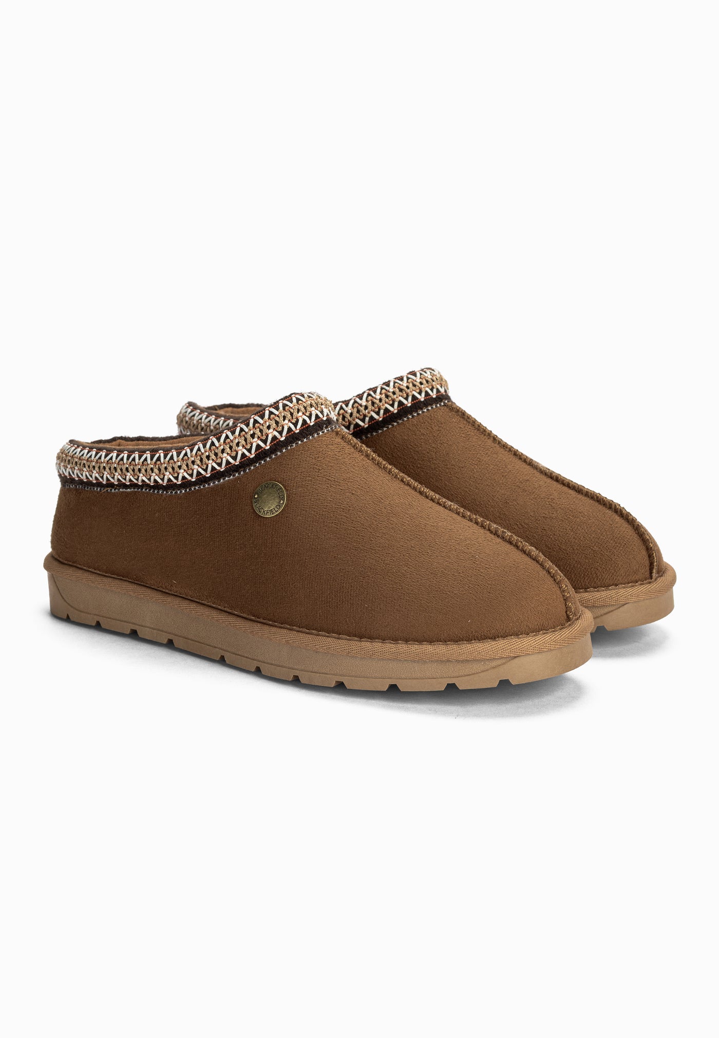 Paire de bottines fourrées Bruce camel de trois-quarts, galon crème et brun au col